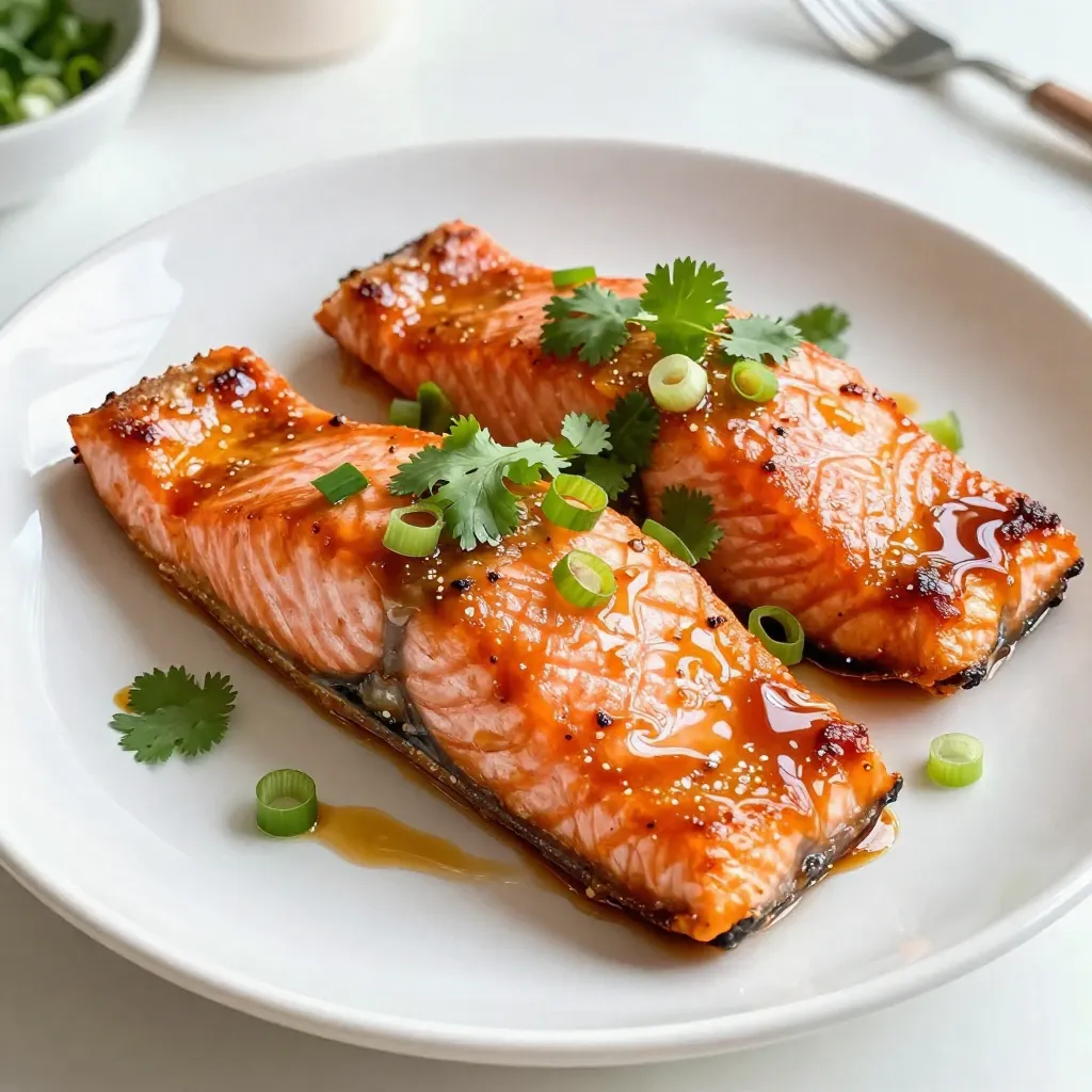 - 4 salmon fillets (6 oz each) Salmon is the star of this dish. Choose fillets that are fresh and firm. The skin adds flavor and helps keep the fish moist while cooking. - 1/4 cup pure maple syrup - 2 tablespoons soy sauce (or tamari for gluten-free) - 1 tablespoon Dijon mustard - 1-2 tablespoons sriracha (adjust for spice preference) - 2 cloves garlic, minced - 1 teaspoon grated fresh ginger - Salt and pepper to taste - 1 tablespoon olive oil This glaze brings the heat and sweetness. The maple syrup adds a rich flavor. Soy sauce adds depth, while Dijon mustard gives a nice tang. Sriracha gives the kick. Garlic and ginger boost the taste even more. - Fresh cilantro or green onions for garnish These fresh herbs add color and flavor. Cilantro gives a fresh twist, while green onions add crunch. Use them to elevate your dish’s look and taste. {{ingredient_image_1}} Start by making the spicy maple glaze. In a small bowl, whisk together these ingredients: - 1/4 cup pure maple syrup - 2 tablespoons soy sauce - 1 tablespoon Dijon mustard - 1-2 tablespoons sriracha - 2 cloves garlic, minced - 1 teaspoon grated fresh ginger Mix until smooth and all is combined. This glaze packs a punch with sweet and spicy flavors. Next, get your salmon ready. Pat the fillets dry with paper towels. Season both sides with salt and pepper. Heat 1 tablespoon of olive oil in a large, oven-safe skillet over medium-high heat. Once the oil is hot, add the salmon fillets skin-side down. Sear them for about 3-4 minutes. You want the skin to get crispy and golden. Now it's time to bake the salmon. Carefully flip the fillets over and pour the spicy maple glaze over them. Make sure each fillet is well-coated. Transfer the skillet to your preheated oven set at 400°F (200°C). Bake for 8-10 minutes. The salmon should be cooked through and flake easily with a fork. Once done, remove the skillet from the oven. Let the salmon rest for a couple of minutes. Serve warm and drizzle any leftover glaze on top. Garnish with fresh cilantro or green onions for a pop of color. Enjoy your flavorful dish! To get the best glaze, mix the right ingredients. Use pure maple syrup for sweetness. Combine it with soy sauce for saltiness. Add Dijon mustard for a tangy kick. Sriracha brings heat. Adjust the sriracha to fit your taste. Mix in minced garlic and grated ginger for depth. Whisk until smooth. Coat your salmon well for flavor in every bite. Salmon cooks quickly, so watch it closely. First, sear it skin-side down for crispy texture. Cook for 3-4 minutes until the skin is golden brown. Flip it gently to avoid breaking the fillet. Bake it in the oven for 8-10 minutes. Check for doneness by using a fork. The salmon should flake easily. If it flakes, it’s done. You can cook salmon in many ways. Searing gives a crispy skin and rich flavor. Baking is easy and keeps it moist. Broiling is great for a quick, charred finish. Grilling adds a smoky taste. Choose the method that suits your meal best. Each way can highlight that spicy maple glaze. Pro Tips Use Fresh Ingredients: Fresh salmon, garlic, and ginger will enhance the flavor of the glaze significantly. Always try to use the freshest ingredients available. Adjust the Spice Level: The amount of sriracha can be adjusted according to your spice tolerance. Start with less and add more if you prefer it spicier. Let it Rest: Allow the salmon to rest for a couple of minutes after baking. This helps retain the moisture and enhances the overall taste. Garnish for Flavor: Fresh cilantro or sliced green onions not only add color but also a burst of flavor. Don’t skip this step for a complete dish. {{image_2}} You can adjust the spice in this dish easily. If you like it mild, use less sriracha. Start with one tablespoon. For a medium heat, use the full two tablespoons. If you want a real kick, add even more sriracha. Just remember, you can always add more spice, but you can’t take it back once it's in. You can swap ingredients to fit your diet. For a gluten-free option, use tamari instead of soy sauce. If you’re avoiding sugar, try a sugar-free maple syrup. You can also replace salmon with other fish like trout or chicken. Both work well with the spicy maple glaze. You don’t have to bake the salmon if you prefer another method. You can grill the salmon for a smoky flavor. Just watch it closely so it doesn’t dry out. You can also pan-sear it until it’s crispy, then finish cooking in the oven. Each method gives you a tasty, unique dish. After you enjoy your spicy maple glazed salmon, store leftovers in an airtight container. Keep it in the fridge for up to three days. Make sure the salmon cools down before sealing it tightly. This helps maintain its flavor and texture. You can freeze the salmon if you want to save it for later. Wrap it tightly in plastic wrap or aluminum foil. Place it in a freezer-safe bag to prevent freezer burn. It will stay fresh for up to three months. When you're ready to eat, let it thaw in the fridge overnight. To reheat your salmon, use the oven or stovetop for best results. Set the oven to 300°F (150°C) and place the salmon on a baking sheet. Heat for about 10-15 minutes until it warms up. If using the stovetop, place it in a pan on low heat for a few minutes. This keeps the salmon moist and tasty. Avoid using the microwave, as it can dry out the fish. You can tell when salmon is done by checking its color and texture. Cooked salmon turns a light pink and flakes easily with a fork. Use a food thermometer. The internal temperature should reach 145°F (63°C). If you don't have a thermometer, try the fork test. Gently poke the fish. If it separates easily, it's ready. Yes, you can use frozen salmon. Just remember to thaw it first. Place it in the fridge overnight or use the cold water method. Seal the fish in a bag and submerge it in cold water. This method takes about an hour. Pat it dry before cooking. This helps the glaze stick better. There are many great sides to pair with this dish. Here are some tasty options: - Steamed broccoli - Roasted asparagus - Quinoa salad - Garlic mashed potatoes - Brown rice - Mixed green salad Each of these sides brings different flavors and textures. They also complement the sweet and spicy notes of the salmon. Enjoy mixing and matching to find your favorite combo! This article covered the key elements of making spicy maple glazed salmon. We discussed ingredients, preparation, and cooking methods. I shared tips to achieve the ideal glaze and avoid overcooked salmon. You can explore various spice levels and ingredient swaps to fit your needs. Storing tips ensure your delicious salmon remains fresh. Cooking salmon can be simple and fun, so I hope this guide inspires you to try it. Enjoy your cooking journey and savor every bite of this tasty dish!