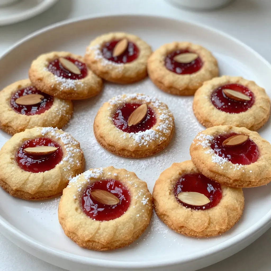 To make these cookies, you need some key ingredients. Here’s the list: - 1 cup unsalted butter, softened - 3/4 cup granulated sugar - 2 teaspoons almond extract - 1/4 teaspoon salt - 2 cups all-purpose flour - 1/2 cup powdered sugar - 1/2 cup raspberry jam (or tart raspberry preserves) - Sliced almonds for garnish Each ingredient plays a role in flavor and texture. The butter gives richness. Sugar adds sweetness. Almond extract brings in that lovely nutty flavor. The flour forms the base. The jam gives a fruity finish. Sliced almonds add a nice crunch. You can make your cookies even prettier and tastier! Here are some fun ideas: - Fresh raspberries for color - Mint leaves for a fresh touch - A dusting of powdered sugar for sweetness These garnishes make your cookies pop and look stunning on a platter. If you need to swap ingredients, here are some ideas: - Use coconut oil instead of butter for a dairy-free option. - Maple syrup can replace granulated sugar for a natural sweetener. - Any fruit jam can replace raspberry jam if you prefer. These changes keep the spirit of the cookies while adding your flair. {{ingredient_image_1}} 1. Start by preheating your oven to 350°F (175°C). This helps the cookies bake evenly. 2. Grab a baking sheet and line it with parchment paper. This prevents sticking and makes cleanup easy. 3. In a large mixing bowl, cream together 1 cup of softened butter and 3/4 cup of granulated sugar. Mix until it’s light and fluffy. This takes about 3 to 4 minutes. 4. Now, add in 2 teaspoons of almond extract and 1/4 teaspoon of salt. Mix well so that all flavors blend together. 5. Gradually stir in 2 cups of all-purpose flour. The dough will be soft but not sticky. Don’t overmix; just combine until it’s smooth. 6. Scoop tablespoon-sized portions of dough and roll them into balls. Place them on the lined baking sheet, leaving space between each ball. 7. Using your thumb or the back of a measuring teaspoon, make a small indentation in each dough ball. This is where the jam will go. 8. Fill the indentation with about 1 teaspoon of raspberry jam. Make sure to use enough to fill it nicely. 9. For a touch of crunch, gently press a few sliced almonds around the edge of the jam in each cookie. This adds flavor and looks nice too. 10. Bake the cookies in your preheated oven for 12 to 15 minutes. Watch for the edges to turn lightly golden. 11. Once baked, remove the cookies from the oven. Let them cool on the baking sheet for 5 minutes. This helps them firm up. 12. After 5 minutes, transfer the cookies to a wire rack to cool completely. This keeps them from getting soggy. 13. For a delightful presentation, arrange the cookies on a decorative platter. Dust them lightly with powdered sugar. You can also garnish with fresh raspberries or mint leaves for color. Enjoy! If your cookies spread too much, check your butter. It should be softened, not melted. If your dough is too dry, add a little milk. If the cookies are hard, you may have overbaked them. Keep an eye on them during the last few minutes. The dough should be soft but not sticky. After mixing the flour, let it rest for a few minutes. This helps it firm up. If you find the dough is too sticky, add a bit more flour. Use a light touch when rolling the dough into balls. For a richer flavor, consider adding a pinch of cinnamon. You can also substitute some of the flour with almond flour for a nuttier taste. If you like a bit of saltiness, sprinkle sea salt on top before baking. This can enhance the sweet and tart notes of the raspberry jam. Pro Tips Chill the Dough: For easier handling, chill the cookie dough for 30 minutes before rolling into balls. This helps the cookies maintain their shape while baking. Use Quality Jam: Opt for high-quality raspberry jam or preserves to enhance the flavor of your cookies. The better the jam, the tastier the final product! Watch the Baking Time: Keep an eye on your cookies as they bake. Ovens can vary, so check the cookies at the 10-minute mark to avoid over-baking. Store Properly: To keep your cookies fresh, store them in an airtight container at room temperature for up to a week. For longer storage, freeze them in a single layer and transfer to a freezer bag. {{image_2}} You can change the flavor of your cookies by using different fruit preserves. Try using strawberry, apricot, or even blueberry. Each fruit brings a new taste that pairs well with almond. If you choose a sweeter preserve, you might want to reduce the sugar a bit. This way, the cookies stay balanced and delicious. If you have nut allergies, you can still enjoy these cookies. Use sunflower seed butter instead of butter to keep the dough rich. Skip the sliced almonds for garnish. You can also add seeds like pumpkin or chia for crunch. These changes keep the cookies safe and tasty. For gluten-free cookies, swap the all-purpose flour with a gluten-free blend. Look for a blend that includes xanthan gum. This helps the cookies hold together well. You can also use almond flour, but be careful. Almond flour can make the cookies dense. Adjust the baking time, as gluten-free cookies may bake faster. Enjoy your gluten-free raspberry almond thumbprint cookies! After baking, let the cookies sit on the baking sheet for 5 minutes. This step helps them set. Then, transfer them to a wire rack. Cooling on the rack allows air to flow around them. This prevents sogginess and keeps them crisp. Store the cooled cookies in an airtight container. Place parchment paper between layers to prevent sticking. They stay fresh for about a week at room temperature. If your kitchen is warm, consider refrigerating them. This keeps the cookies tasty and firm. To freeze, place the cookies in a single layer on a baking sheet. Make sure they don't touch. Freeze for about 1-2 hours until solid. Then, transfer them to a freezer-safe bag. They will keep well for up to 3 months. When ready to eat, thaw them at room temperature for a few hours. You can use vanilla extract instead of almond extract. Vanilla gives a nice flavor too. You can also try using hazelnut or coconut extract. These will change the taste a bit but will still be yummy. To make these cookies vegan, swap the butter for a plant-based option. You can use vegan butter or coconut oil. Replace the granulated sugar with coconut sugar or another vegan sugar. Make sure your jam is also vegan-friendly. Yes, you can use other types of jam. Try strawberry, apricot, or even blueberry jam. Each flavor adds a different twist to the cookies. Just make sure the jam is thick enough to hold its shape. The cookies are done when their edges are lightly golden. Check them around 12 minutes into baking. They should look set and not too soft in the center. Let them cool slightly before moving them. Raspberry almond thumbprint cookies are simple and fun to make. We covered the main ingredients, optional toppings, and substitutions. The baking steps help ensure perfect results. I shared tips for troubleshooting and enhancing flavor. You can even try different fruit preserves or make nut-free or gluten-free versions. Store them carefully to keep them fresh. With these insights, you can bake delicious cookies every time. Enjoy the sweet journey of baking and impress your friends and family!