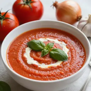 To make creamy roasted tomato soup, you need these key ingredients: - 2 pounds ripe tomatoes, halved - 1 medium onion, chopped - 4 cloves garlic, peeled - 3 tablespoons olive oil - Salt and pepper to taste - 2 cups vegetable broth - 1 teaspoon dried basil - 1 cup heavy cream or coconut cream You can adjust the flavor or texture with these options: - 1 teaspoon sugar (to balance acidity) - Fresh basil leaves for garnish If you need to swap ingredients, consider these ideas: - Use canned tomatoes instead of fresh ones for a quicker option. - Replace heavy cream with coconut cream for a dairy-free soup. - Swap vegetable broth for chicken broth if you prefer a meatier flavor. Each ingredient plays a role in making this soup rich and tasty. Adjusting them can help you create a dish that fits your taste perfectly. {{ingredient_image_1}} First, gather all your ingredients. You will need: - 2 pounds ripe tomatoes, halved - 1 medium onion, chopped - 4 cloves garlic, peeled - 3 tablespoons olive oil - Salt and pepper to taste - 2 cups vegetable broth - 1 teaspoon dried basil - 1 teaspoon sugar (optional) - 1 cup heavy cream or coconut cream - Fresh basil leaves for garnish Next, preheat your oven to 400&deg;F (200&deg;C). This step is key for roasting. While the oven heats, wash your tomatoes. Cut each tomato in half. Chop your onion and peel your garlic. Now that your oven is hot, grab a baking sheet. Place the halved tomatoes, chopped onion, and whole garlic cloves on it. Drizzle olive oil over the top. Sprinkle salt and pepper to add flavor. Roast in the oven for about 30 minutes. You want the tomatoes to get soft and a bit caramelized. The onions should be tender. This process brings out deep flavors in your soup. After roasting, take the baking sheet out of the oven. Let it cool for a few minutes. Then, transfer the roasted vegetables into a large pot. Add the vegetable broth and dried basil. If you like, add sugar to balance the acidity. Bring everything to a simmer over medium heat. Let it cook for about 10 minutes to blend the flavors. Now, take an immersion blender and puree the soup until it's smooth. If you do not have one, use a regular blender but do it in batches. Finally, stir in your heavy cream or coconut cream. Heat the soup gently but do not let it boil. Taste and adjust the seasoning with salt and pepper. The soup is ready to serve hot! To get a creamy texture, use heavy cream or coconut cream. After blending the soup, stir in the cream slowly. This helps keep the soup rich and smooth. If you want a lighter option, use half-and-half. For those who love a bit of tang, add a splash of lemon juice before serving. This brightens the flavors, making your soup stand out. Serve the soup in warm bowls. A drizzle of cream on top makes it look fancy. You can also add fresh basil leaves for color and flavor. Pair the soup with a slice of crusty bread. A grilled cheese sandwich is perfect too! This meal is all about comfort and warmth. For sides, consider a simple green salad. A mix of leafy greens and a light vinaigrette works well. You could also serve it with croutons for added crunch. If you want something heartier, try garlic bread. The flavors of garlic and tomato blend nicely. Enjoy your cozy meal with family or friends! Pro Tips Use Ripe Tomatoes: For the best flavor, choose ripe tomatoes that are in season. They will provide a sweeter and more intense flavor for your soup. Adjust Seasoning: Taste the soup before serving and adjust the seasoning as needed. Adding a pinch of sugar can help balance the acidity of the tomatoes. Blend Smoothly: For an ultra-creamy texture, ensure that you blend the soup until completely smooth, which will enhance the overall mouthfeel. Garnish Creatively: Add a drizzle of balsamic reduction or a sprinkle of feta cheese on top for an extra burst of flavor and visual appeal. {{image_2}} You can make this soup dairy-free and vegan easily. Instead of heavy cream, use coconut cream. It adds a rich and creamy flavor without dairy. You can also choose cashew cream for an extra nutty taste. Just blend soaked cashews with water until smooth. This way, you keep the soup creamy and tasty! If you love heat, add some spice! Try mixing in a teaspoon of red pepper flakes or a dash of hot sauce. You can also roast jalape&ntilde;o peppers with the tomatoes. This will give your soup a nice kick without covering the tomato flavor. Adjust the heat to your liking for a fun twist. Want to make your soup more filling? Add extra veggies like bell peppers, carrots, or spinach. You can roast them with the tomatoes, too. If you want protein, try adding cooked lentils or shredded chicken. These additions not only boost nutrition but also add more flavor. Just blend everything until smooth for a hearty delight! To keep your creamy roasted tomato soup fresh, store it in an airtight container. Wait until the soup cools down to room temperature before sealing it. This helps prevent condensation, which can make the soup watery. You can keep it in the fridge for up to four days. If you want to save some for later, freezing is a great option. Pour the cooled soup into freezer-safe bags or containers. Leave some space at the top, as the soup will expand when it freezes. Label your containers with the date. You can freeze the soup for up to three months. When you're ready to enjoy it, just thaw it overnight in the fridge. Reheating is easy! If you stored the soup in the fridge, pour it into a pot and heat it over medium-low heat. Stir often to prevent it from sticking. If it&rsquo;s frozen, thaw it first. You can also use the microwave. Heat in short bursts, stirring in between, until hot. Just be careful not to let it boil, as that can change the texture. Enjoy your warm, cozy soup! Yes, you can use canned tomatoes. They save time and still taste great. Look for whole or diced tomatoes in juice. Drain any excess liquid before using them in your soup. Canned tomatoes add a rich flavor. This option is great during winter when fresh tomatoes are not in season. Creamy Roasted Tomato Soup lasts about 4 to 5 days in the fridge. Make sure to store it in a tight container. If you want to keep it longer, consider freezing. That way, you can enjoy it later. To thicken the soup, try adding more cream. You can also use a cornstarch slurry. Mix equal parts cornstarch and cold water. Stir it into the soup while it simmers. Another option is to blend in some cooked potatoes. They add creaminess and bulk without changing the taste. This blog post covered how to make creamy roasted tomato soup. You learned about the key ingredients, easy steps, and creative variations. I shared tips for making it rich and delicious. Now you can customize it to fit your taste. Enjoy storing and reheating leftovers without ruining flavor. Try different ingredients to make it your own. This soup is simple, tasty, and sure to please everyone. Enjoy your cooking adventure!