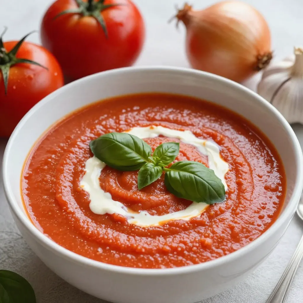 To make creamy roasted tomato soup, you need these key ingredients: - 2 pounds ripe tomatoes, halved - 1 medium onion, chopped - 4 cloves garlic, peeled - 3 tablespoons olive oil - Salt and pepper to taste - 2 cups vegetable broth - 1 teaspoon dried basil - 1 cup heavy cream or coconut cream You can adjust the flavor or texture with these options: - 1 teaspoon sugar (to balance acidity) - Fresh basil leaves for garnish If you need to swap ingredients, consider these ideas: - Use canned tomatoes instead of fresh ones for a quicker option. - Replace heavy cream with coconut cream for a dairy-free soup. - Swap vegetable broth for chicken broth if you prefer a meatier flavor. Each ingredient plays a role in making this soup rich and tasty. Adjusting them can help you create a dish that fits your taste perfectly. {{ingredient_image_1}} First, gather all your ingredients. You will need: - 2 pounds ripe tomatoes, halved - 1 medium onion, chopped - 4 cloves garlic, peeled - 3 tablespoons olive oil - Salt and pepper to taste - 2 cups vegetable broth - 1 teaspoon dried basil - 1 teaspoon sugar (optional) - 1 cup heavy cream or coconut cream - Fresh basil leaves for garnish Next, preheat your oven to 400°F (200°C). This step is key for roasting. While the oven heats, wash your tomatoes. Cut each tomato in half. Chop your onion and peel your garlic. Now that your oven is hot, grab a baking sheet. Place the halved tomatoes, chopped onion, and whole garlic cloves on it. Drizzle olive oil over the top. Sprinkle salt and pepper to add flavor. Roast in the oven for about 30 minutes. You want the tomatoes to get soft and a bit caramelized. The onions should be tender. This process brings out deep flavors in your soup. After roasting, take the baking sheet out of the oven. Let it cool for a few minutes. Then, transfer the roasted vegetables into a large pot. Add the vegetable broth and dried basil. If you like, add sugar to balance the acidity. Bring everything to a simmer over medium heat. Let it cook for about 10 minutes to blend the flavors. Now, take an immersion blender and puree the soup until it's smooth. If you do not have one, use a regular blender but do it in batches. Finally, stir in your heavy cream or coconut cream. Heat the soup gently but do not let it boil. Taste and adjust the seasoning with salt and pepper. The soup is ready to serve hot! To get a creamy texture, use heavy cream or coconut cream. After blending the soup, stir in the cream slowly. This helps keep the soup rich and smooth. If you want a lighter option, use half-and-half. For those who love a bit of tang, add a splash of lemon juice before serving. This brightens the flavors, making your soup stand out. Serve the soup in warm bowls. A drizzle of cream on top makes it look fancy. You can also add fresh basil leaves for color and flavor. Pair the soup with a slice of crusty bread. A grilled cheese sandwich is perfect too! This meal is all about comfort and warmth. For sides, consider a simple green salad. A mix of leafy greens and a light vinaigrette works well. You could also serve it with croutons for added crunch. If you want something heartier, try garlic bread. The flavors of garlic and tomato blend nicely. Enjoy your cozy meal with family or friends! Pro Tips Use Ripe Tomatoes: For the best flavor, choose ripe tomatoes that are in season. They will provide a sweeter and more intense flavor for your soup. Adjust Seasoning: Taste the soup before serving and adjust the seasoning as needed. Adding a pinch of sugar can help balance the acidity of the tomatoes. Blend Smoothly: For an ultra-creamy texture, ensure that you blend the soup until completely smooth, which will enhance the overall mouthfeel. Garnish Creatively: Add a drizzle of balsamic reduction or a sprinkle of feta cheese on top for an extra burst of flavor and visual appeal. {{image_2}} You can make this soup dairy-free and vegan easily. Instead of heavy cream, use coconut cream. It adds a rich and creamy flavor without dairy. You can also choose cashew cream for an extra nutty taste. Just blend soaked cashews with water until smooth. This way, you keep the soup creamy and tasty! If you love heat, add some spice! Try mixing in a teaspoon of red pepper flakes or a dash of hot sauce. You can also roast jalapeño peppers with the tomatoes. This will give your soup a nice kick without covering the tomato flavor. Adjust the heat to your liking for a fun twist. Want to make your soup more filling? Add extra veggies like bell peppers, carrots, or spinach. You can roast them with the tomatoes, too. If you want protein, try adding cooked lentils or shredded chicken. These additions not only boost nutrition but also add more flavor. Just blend everything until smooth for a hearty delight! To keep your creamy roasted tomato soup fresh, store it in an airtight container. Wait until the soup cools down to room temperature before sealing it. This helps prevent condensation, which can make the soup watery. You can keep it in the fridge for up to four days. If you want to save some for later, freezing is a great option. Pour the cooled soup into freezer-safe bags or containers. Leave some space at the top, as the soup will expand when it freezes. Label your containers with the date. You can freeze the soup for up to three months. When you're ready to enjoy it, just thaw it overnight in the fridge. Reheating is easy! If you stored the soup in the fridge, pour it into a pot and heat it over medium-low heat. Stir often to prevent it from sticking. If it’s frozen, thaw it first. You can also use the microwave. Heat in short bursts, stirring in between, until hot. Just be careful not to let it boil, as that can change the texture. Enjoy your warm, cozy soup! Yes, you can use canned tomatoes. They save time and still taste great. Look for whole or diced tomatoes in juice. Drain any excess liquid before using them in your soup. Canned tomatoes add a rich flavor. This option is great during winter when fresh tomatoes are not in season. Creamy Roasted Tomato Soup lasts about 4 to 5 days in the fridge. Make sure to store it in a tight container. If you want to keep it longer, consider freezing. That way, you can enjoy it later. To thicken the soup, try adding more cream. You can also use a cornstarch slurry. Mix equal parts cornstarch and cold water. Stir it into the soup while it simmers. Another option is to blend in some cooked potatoes. They add creaminess and bulk without changing the taste. This blog post covered how to make creamy roasted tomato soup. You learned about the key ingredients, easy steps, and creative variations. I shared tips for making it rich and delicious. Now you can customize it to fit your taste. Enjoy storing and reheating leftovers without ruining flavor. Try different ingredients to make it your own. This soup is simple, tasty, and sure to please everyone. Enjoy your cooking adventure!