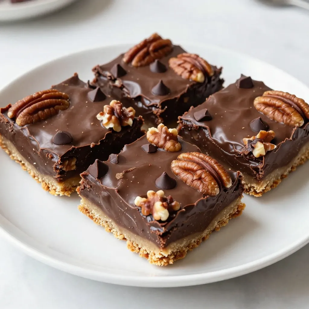 - 1 cup all-purpose flour I use all-purpose flour to create a sturdy base for these bars. - 1/2 cup unsalted butter, softened The butter adds richness and helps bind the crust together. - 1/4 cup granulated sugar Granulated sugar sweetens the crust and balances the flavors. - 1/4 teaspoon salt A bit of salt enhances the sweetness and adds depth. - 1/2 cup brown sugar, packed Brown sugar gives a caramel-like flavor to the filling. - 1/2 cup corn syrup Corn syrup keeps the filling moist and syrupy. - 2 large eggs Eggs help set the filling and give it a nice texture. - 1 teaspoon vanilla extract Vanilla adds warmth and complexity to the overall taste. - 1 cup pecans, chopped Chopped pecans provide a lovely crunch and nutty flavor. - 1/2 cup semi-sweet chocolate chips Chocolate chips bring a rich, sweet contrast to the nuts. These ingredients combine to make an unforgettable treat. Each one plays a key role in creating the perfect chocolate pecan pie bars. {{ingredient_image_1}} Preheating the oven is key. It helps the crust bake evenly. Set your oven to 350&deg;F (175&deg;C). While it warms, line a 9x9-inch baking dish with parchment paper. Leave a bit of paper hanging over the edges. This makes it easy to lift the bars out after baking. To make the crust, mix these ingredients in a bowl: - 1 cup all-purpose flour - 1/2 cup unsalted butter, softened - 1/4 cup granulated sugar - 1/4 teaspoon salt Combine them until the mix is crumbly. The dough should hold together when pressed. Next, press the dough into the bottom of your lined baking dish. Bake this crust for 15 minutes. While the crust bakes, prepare the filling. In a separate bowl, whisk together: - 1/2 cup brown sugar, packed - 1/2 cup corn syrup - 2 large eggs - 1 teaspoon vanilla extract Make sure it mixes well. Then, gently stir in: - 1 cup pecans, chopped - 1/2 cup semi-sweet chocolate chips Mix until everything is evenly coated. Once the crust is golden, pour the filling over it. Spread the filling out evenly. Return the dish to the oven. Bake for another 25-30 minutes. You want the filling to be set and slightly puffed. When done, take it out and let it cool completely. Use the parchment paper to lift the bars out. Cut into squares, and enjoy! To get the best texture for your bars, pay close attention to the baking times. Bake the crust for 15 minutes at 350&deg;F. This makes it firm enough to hold the filling. After adding the filling, bake it for 25 to 30 minutes. You want the filling to be set and just slightly puffed. Cooling is key. After baking, let the bars cool completely in the pan. This helps them firm up. If you cut them too early, they might fall apart. Use parchment paper to lift the bars out easily. For extra flavor, consider adding spices like cinnamon or nutmeg. Just a pinch can bring warmth to the filling. You can also use vanilla bean paste instead of regular vanilla extract. This adds a richer flavor. Toppings can elevate your bars. Try serving them with whipped cream or a scoop of vanilla ice cream. A drizzle of chocolate sauce also adds a nice touch. These little extras make your chocolate pecan pie bars even more special! Pro Tips Use Fresh Ingredients: Ensure your pecans are fresh for the best flavor and texture in your bars. Cool Completely: Allow the bars to cool completely before cutting to ensure clean edges and easier handling. Store Properly: Keep the bars in an airtight container at room temperature for up to a week for optimal freshness. Experiment with Nuts: Feel free to substitute walnuts or almonds for a different nutty flavor in your bars. {{image_2}} To make these bars gluten-free, you can swap the all-purpose flour. Use a 1-to-1 gluten-free flour blend. This blend often has xanthan gum, which helps with texture. Make sure to check for gluten-free labels. When it comes to cooking times, keep an eye on your bars. Gluten-free flours may bake faster. Start checking for doneness a few minutes early. Look for a set filling that is slightly puffed. For vegan bars, you need to replace the eggs. Use flax eggs or chia eggs. Mix one tablespoon of ground flaxseed or chia seeds with three tablespoons of water. Let it sit for five minutes to thicken. For dairy-free options, choose coconut oil instead of butter. Use plant-based chocolate chips. These swaps help keep the rich flavor and texture. Be mindful that the filling may be a bit different. Adjust baking time if needed. Always check for a firm filling. Store your leftover chocolate pecan pie bars in an airtight container. This keeps them fresh and tasty. Let the bars cool down first. Once cool, wrap them in plastic wrap to seal in moisture. If you have a lot of bars, you can stack them with parchment paper between layers. This helps prevent sticking. To freeze your bars, first let them cool completely. Cut them into squares and place them in a single layer on a baking sheet. Freeze them for about an hour. Once frozen, transfer the squares into a freezer-safe bag or container. Be sure to remove as much air as possible. When you want to enjoy them, take out how many you need. Thaw them in the fridge overnight for best quality. You can also leave them on the counter for a few hours, but avoid direct sunlight. This helps keep the bars soft and delicious. Yes, you can use other nuts. Some great alternatives for pecans are walnuts and almonds. Walnuts have a rich, buttery flavor. They bring a nice crunch. Almonds add a mild sweetness and a hint of creaminess. Both options work well in this recipe. You will know the bars are done when the filling is set and slightly puffed. The edges should look firm, but the center may still jiggle a bit. To ensure a perfectly set filling, bake for about 25-30 minutes. Keep an eye on them during the last few minutes to avoid overbaking. Absolutely! You can make these bars a day ahead. After baking, let them cool completely. Then, store them in an airtight container. This keeps them fresh and tasty. You can also freeze them for longer storage. Just wrap them well in plastic wrap and aluminum foil. You now have the tools to create the perfect chocolate pecan pie bars. We discussed key ingredients, precise steps, and smart tips to enhance flavor. You learned how to modify recipes, including gluten-free and vegan options. Don't forget the importance of proper storage to keep them fresh. Enjoy sharing these delicious treats with friends and family. With practice, you can master this recipe and impress everyone!