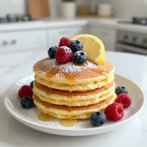 To make Lemon Ricotta Pancakes, you need these key items: - 1 cup ricotta cheese - 1/2 cup milk - 3 large eggs - Zest of 1 lemon - 1 tablespoon lemon juice - 1 cup all-purpose flour - 2 tablespoons sugar - 1 tablespoon baking powder - 1/2 teaspoon salt - Butter or oil for cooking These ingredients work together to create a fluffy, flavorful pancake. The ricotta adds creaminess, while the lemon brings a fresh zing. You can enhance your pancakes with these extras: - Fresh berries (like strawberries, blueberries, or raspberries) - Maple syrup These toppings not only add sweetness but also color and texture to your dish. For this recipe, gather these tools: - Large mixing bowl - Whisk - Two mixing bowls (one for wet, one for dry) - Non-stick skillet or griddle - Measuring cups and spoons - Spatula Having the right tools makes cooking easier. They help you mix well and cook perfectly. {{ingredient_image_1}} 1. Mix Wet Ingredients: Start by taking a large bowl. Add 1 cup of ricotta cheese, 1/2 cup of milk, and 3 large eggs. Then, add the zest of 1 lemon and 1 tablespoon of lemon juice. Whisk everything until it is smooth and well blended. 2. Combine Dry Ingredients: In another bowl, mix 1 cup of all-purpose flour, 2 tablespoons of sugar, 1 tablespoon of baking powder, and 1/2 teaspoon of salt. This mix gives our pancakes their fluffy texture. 3. Combine Wet and Dry Ingredients: Gradually add the dry mix into the wet mix. Stir gently until just combined. Remember, it&rsquo;s okay if some lumps remain; overmixing can make your pancakes tough. 1. Heat the Skillet: Place a non-stick skillet or griddle over medium heat. Add a small amount of butter or oil to coat the surface. This helps prevent sticking. 2. Pour the Batter: For each pancake, pour 1/4 cup of the batter onto the skillet. 3. Cook the Pancakes: Watch for the edges to set and small bubbles to form on top. This takes about 2-3 minutes. 4. Flip and Finish Cooking: Carefully flip each pancake. Cook for another 2-3 minutes until they are golden brown. 5. Repeat Cooking: Keep pouring and cooking the remaining batter. Add more butter or oil as needed for each batch. - Flipping Tips: Use a thin spatula to get under the pancake. Flip quickly to keep it intact. - Serving Tips: Stack your pancakes on a plate. Top with fresh berries and drizzle with maple syrup. For a fun touch, add a lemon slice on the side. This makes the dish colorful and inviting! To get soft and fluffy pancakes, use fresh ricotta cheese. It should be creamy and moist. When mixing, combine the wet and dry ingredients gently. Overmixing makes the pancakes tough. A few lumps in the batter are okay. Let the batter rest for a few minutes before cooking. This helps make the pancakes fluffier. Add a pinch of cinnamon for warmth. You can also try vanilla extract for a sweeter taste. Fresh herbs like basil or mint can add a unique twist. For extra zest, use more lemon juice or zest. Serve with fresh berries to add color and taste. Maple syrup is a classic choice, but honey works well too. Don&rsquo;t skip the resting time for the batter. This can lead to flat pancakes. Make sure your skillet is hot but not smoking. If it&rsquo;s too hot, the pancakes will burn outside and stay raw inside. Use a 1/4 cup measure for even-sized pancakes. This helps them cook evenly. Lastly, don&rsquo;t stack hot pancakes right away; let them cool slightly for better texture. Pro Tips Use Room Temperature Ingredients: For the best texture, let the ricotta cheese and eggs come to room temperature before mixing, ensuring a smoother batter. Don&rsquo;t Overmix: When combining the wet and dry ingredients, mix just until combined. A few lumps are fine; overmixing can lead to tough pancakes. Control the Heat: Keep your skillet at medium heat. If it&rsquo;s too hot, the pancakes may burn on the outside while remaining uncooked inside. Experiment with Flavors: Try adding vanilla extract or a pinch of cinnamon to the batter for an extra layer of flavor that complements the lemon. {{image_2}} You can make your lemon ricotta pancakes even better with fruit. Berries are a great choice. Try blueberries, strawberries, or raspberries. Just fold in about a cup of fresh or frozen berries into the batter. This adds color and a burst of flavor. You can also use banana slices or diced apples. The fruit will cook perfectly and make each bite juicy. If you need gluten-free pancakes, swap the all-purpose flour for a gluten-free blend. Many blends work well and keep the pancakes fluffy. Rice flour or almond flour are great choices too. Just make sure to check that your baking powder is gluten-free. This way, everyone can enjoy these tasty pancakes without worry. Want to try something new? Make savory lemon ricotta pancakes. Skip the sugar and add herbs like chives or dill. You can also mix in grated cheese, such as parmesan. This gives a wonderful twist to the dish. Serve these savory pancakes with a dollop of sour cream or yogurt. It&rsquo;s a delightful change that brings more flavor to your meal. To store leftover pancakes, let them cool first. Then, stack them with parchment paper between each pancake. Place the stack in an airtight container. This helps keep them fresh. You can store them in the fridge for up to three days. Remember to seal the container well to avoid moisture. Reheating pancakes is easy. You can use a microwave or a skillet. For the microwave, place pancakes on a plate and cover them with a damp paper towel. Heat for about 20-30 seconds. For the skillet, warm it over low heat. Add a little butter or oil, then heat each pancake for about 1-2 minutes on each side until warm. Freezing pancakes is a great option for meal prep. To freeze, let them cool completely. Then, stack them with parchment paper in between. Wrap the stack tightly in plastic wrap or foil. Place the wrapped stack in a freezer bag and remove as much air as you can. You can freeze pancakes for up to two months. When ready to eat, thaw them in the fridge overnight before reheating. Yes, you can! Ricotta cheese is key, but you can swap it with cottage cheese. If you need a dairy-free option, try almond or soy yogurt. Use any milk you like, such as almond or oat milk. You can also replace all-purpose flour with a gluten-free blend. Just make sure to adjust the liquid if needed. To make these pancakes healthier, use whole wheat flour instead of all-purpose flour. This adds fiber and nutrients. You can reduce sugar by using mashed bananas or applesauce for sweetness. Adding chia seeds or flaxseeds can boost nutrition too. You can also use less butter or oil for cooking. Serve these pancakes with fresh berries like strawberries, blueberries, or raspberries. A drizzle of maple syrup adds sweetness. You can also top them with yogurt or a sprinkle of nuts for crunch. A dollop of whipped cream makes them even more special! In this article, we explored the key ingredients for delicious Lemon Ricotta Pancakes. We went through essential and optional ingredients, along with the tools you'll need. I shared step-by-step cooking instructions and key tips for perfect texture and flavor. Plus, we looked at fun variations and smart storage tips. Remember, a little creativity can make your pancakes shine! Enjoy these tasty treats anytime.