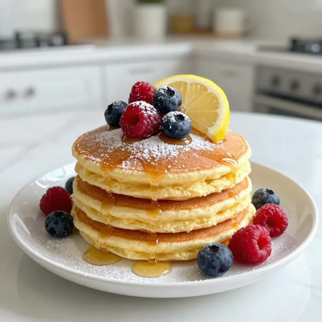 To make Lemon Ricotta Pancakes, you need these key items: - 1 cup ricotta cheese - 1/2 cup milk - 3 large eggs - Zest of 1 lemon - 1 tablespoon lemon juice - 1 cup all-purpose flour - 2 tablespoons sugar - 1 tablespoon baking powder - 1/2 teaspoon salt - Butter or oil for cooking These ingredients work together to create a fluffy, flavorful pancake. The ricotta adds creaminess, while the lemon brings a fresh zing. You can enhance your pancakes with these extras: - Fresh berries (like strawberries, blueberries, or raspberries) - Maple syrup These toppings not only add sweetness but also color and texture to your dish. For this recipe, gather these tools: - Large mixing bowl - Whisk - Two mixing bowls (one for wet, one for dry) - Non-stick skillet or griddle - Measuring cups and spoons - Spatula Having the right tools makes cooking easier. They help you mix well and cook perfectly. {{ingredient_image_1}} 1. Mix Wet Ingredients: Start by taking a large bowl. Add 1 cup of ricotta cheese, 1/2 cup of milk, and 3 large eggs. Then, add the zest of 1 lemon and 1 tablespoon of lemon juice. Whisk everything until it is smooth and well blended. 2. Combine Dry Ingredients: In another bowl, mix 1 cup of all-purpose flour, 2 tablespoons of sugar, 1 tablespoon of baking powder, and 1/2 teaspoon of salt. This mix gives our pancakes their fluffy texture. 3. Combine Wet and Dry Ingredients: Gradually add the dry mix into the wet mix. Stir gently until just combined. Remember, it’s okay if some lumps remain; overmixing can make your pancakes tough. 1. Heat the Skillet: Place a non-stick skillet or griddle over medium heat. Add a small amount of butter or oil to coat the surface. This helps prevent sticking. 2. Pour the Batter: For each pancake, pour 1/4 cup of the batter onto the skillet. 3. Cook the Pancakes: Watch for the edges to set and small bubbles to form on top. This takes about 2-3 minutes. 4. Flip and Finish Cooking: Carefully flip each pancake. Cook for another 2-3 minutes until they are golden brown. 5. Repeat Cooking: Keep pouring and cooking the remaining batter. Add more butter or oil as needed for each batch. - Flipping Tips: Use a thin spatula to get under the pancake. Flip quickly to keep it intact. - Serving Tips: Stack your pancakes on a plate. Top with fresh berries and drizzle with maple syrup. For a fun touch, add a lemon slice on the side. This makes the dish colorful and inviting! To get soft and fluffy pancakes, use fresh ricotta cheese. It should be creamy and moist. When mixing, combine the wet and dry ingredients gently. Overmixing makes the pancakes tough. A few lumps in the batter are okay. Let the batter rest for a few minutes before cooking. This helps make the pancakes fluffier. Add a pinch of cinnamon for warmth. You can also try vanilla extract for a sweeter taste. Fresh herbs like basil or mint can add a unique twist. For extra zest, use more lemon juice or zest. Serve with fresh berries to add color and taste. Maple syrup is a classic choice, but honey works well too. Don’t skip the resting time for the batter. This can lead to flat pancakes. Make sure your skillet is hot but not smoking. If it’s too hot, the pancakes will burn outside and stay raw inside. Use a 1/4 cup measure for even-sized pancakes. This helps them cook evenly. Lastly, don’t stack hot pancakes right away; let them cool slightly for better texture. Pro Tips Use Room Temperature Ingredients: For the best texture, let the ricotta cheese and eggs come to room temperature before mixing, ensuring a smoother batter. Don’t Overmix: When combining the wet and dry ingredients, mix just until combined. A few lumps are fine; overmixing can lead to tough pancakes. Control the Heat: Keep your skillet at medium heat. If it’s too hot, the pancakes may burn on the outside while remaining uncooked inside. Experiment with Flavors: Try adding vanilla extract or a pinch of cinnamon to the batter for an extra layer of flavor that complements the lemon. {{image_2}} You can make your lemon ricotta pancakes even better with fruit. Berries are a great choice. Try blueberries, strawberries, or raspberries. Just fold in about a cup of fresh or frozen berries into the batter. This adds color and a burst of flavor. You can also use banana slices or diced apples. The fruit will cook perfectly and make each bite juicy. If you need gluten-free pancakes, swap the all-purpose flour for a gluten-free blend. Many blends work well and keep the pancakes fluffy. Rice flour or almond flour are great choices too. Just make sure to check that your baking powder is gluten-free. This way, everyone can enjoy these tasty pancakes without worry. Want to try something new? Make savory lemon ricotta pancakes. Skip the sugar and add herbs like chives or dill. You can also mix in grated cheese, such as parmesan. This gives a wonderful twist to the dish. Serve these savory pancakes with a dollop of sour cream or yogurt. It’s a delightful change that brings more flavor to your meal. To store leftover pancakes, let them cool first. Then, stack them with parchment paper between each pancake. Place the stack in an airtight container. This helps keep them fresh. You can store them in the fridge for up to three days. Remember to seal the container well to avoid moisture. Reheating pancakes is easy. You can use a microwave or a skillet. For the microwave, place pancakes on a plate and cover them with a damp paper towel. Heat for about 20-30 seconds. For the skillet, warm it over low heat. Add a little butter or oil, then heat each pancake for about 1-2 minutes on each side until warm. Freezing pancakes is a great option for meal prep. To freeze, let them cool completely. Then, stack them with parchment paper in between. Wrap the stack tightly in plastic wrap or foil. Place the wrapped stack in a freezer bag and remove as much air as you can. You can freeze pancakes for up to two months. When ready to eat, thaw them in the fridge overnight before reheating. Yes, you can! Ricotta cheese is key, but you can swap it with cottage cheese. If you need a dairy-free option, try almond or soy yogurt. Use any milk you like, such as almond or oat milk. You can also replace all-purpose flour with a gluten-free blend. Just make sure to adjust the liquid if needed. To make these pancakes healthier, use whole wheat flour instead of all-purpose flour. This adds fiber and nutrients. You can reduce sugar by using mashed bananas or applesauce for sweetness. Adding chia seeds or flaxseeds can boost nutrition too. You can also use less butter or oil for cooking. Serve these pancakes with fresh berries like strawberries, blueberries, or raspberries. A drizzle of maple syrup adds sweetness. You can also top them with yogurt or a sprinkle of nuts for crunch. A dollop of whipped cream makes them even more special! In this article, we explored the key ingredients for delicious Lemon Ricotta Pancakes. We went through essential and optional ingredients, along with the tools you'll need. I shared step-by-step cooking instructions and key tips for perfect texture and flavor. Plus, we looked at fun variations and smart storage tips. Remember, a little creativity can make your pancakes shine! Enjoy these tasty treats anytime.