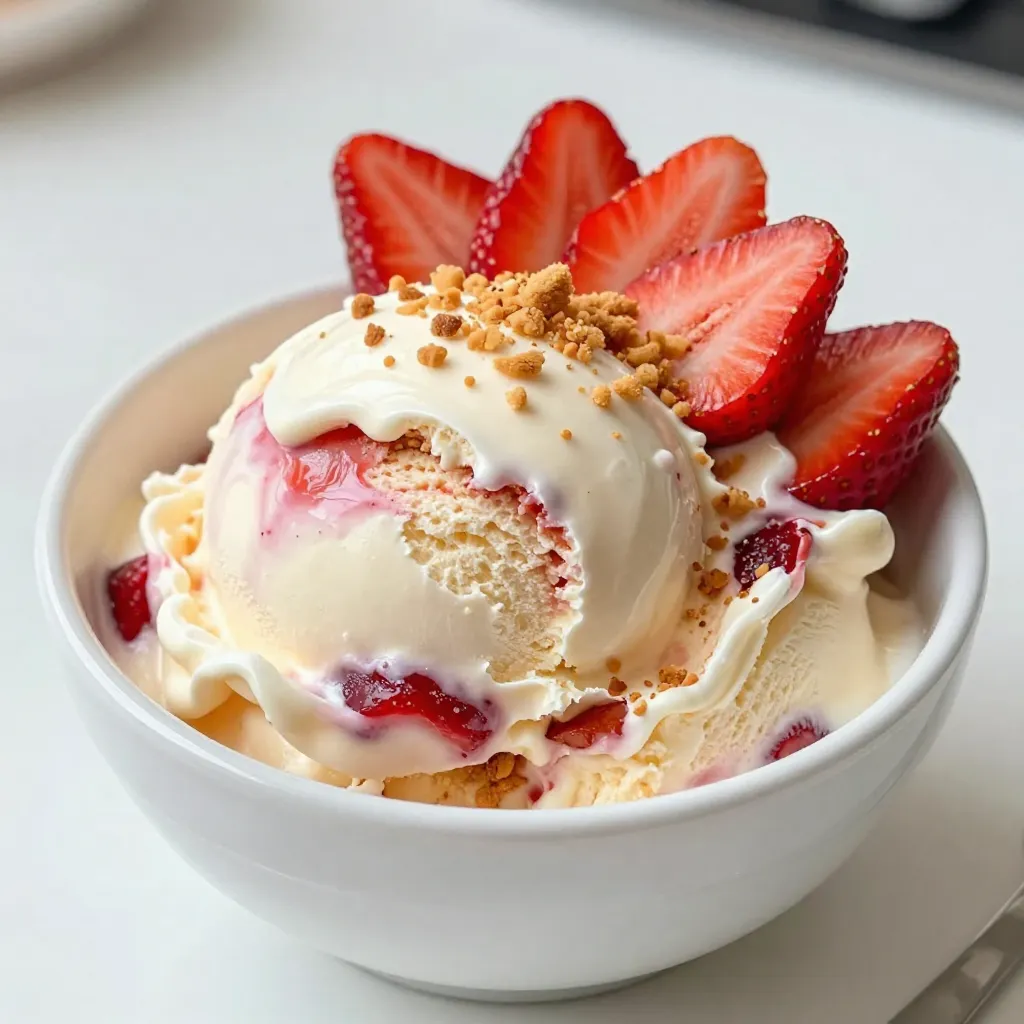 For this strawberry cheesecake ice cream, you need: - 2 cups fresh strawberries, hulled and sliced - 1 cup cream cheese, softened - 1 cup heavy cream - ½ cup whole milk Fresh strawberries bring a bright flavor. Make sure to pick ripe ones. Cream cheese adds a rich texture. Heavy cream and whole milk keep the ice cream creamy and smooth. You will also need: - 1 tablespoon sugar - ½ cup powdered sugar - 1 teaspoon vanilla extract - A pinch of salt Sugar helps to sweeten the strawberries. Powdered sugar blends well into the cream mix. Vanilla extract adds depth. The pinch of salt balances the sweetness. Finally, don’t forget: - ½ cup graham cracker crumbs Graham cracker crumbs give the ice cream a classic cheesecake taste. You can add other flavors, like lemon zest or almond extract, for a fun twist. These ingredients create a delightful mix of flavors and textures that make every bite a treat! {{ingredient_image_1}} To start, you need to prepare the strawberries. Take 2 cups of fresh strawberries and slice them. Place the sliced strawberries in a small bowl. Add 1 tablespoon of sugar on top. Let the strawberries sit for about 15 minutes. This process is called macerating. It helps the strawberries become sweeter and juicier. You will see the sugar dissolve into the juice of the strawberries. This juice adds a lot of flavor to your ice cream. Next, we mix the base for our ice cream. In a large mixing bowl, add 1 cup of softened cream cheese. Use an electric mixer to beat it until it becomes smooth. This step is key for a creamy texture. Now, it’s time to add the other ingredients. Pour in 1 cup of heavy cream, ½ cup of whole milk, ½ cup of powdered sugar, and 1 teaspoon of vanilla extract. Mix these together on medium speed. Keep mixing until everything is well combined and smooth. Now, gently fold in the macerated strawberries and their juice into the cream mixture. This is where the fruity flavor comes in. Finally, stir in ½ cup of graham cracker crumbs. This gives your ice cream that classic cheesecake crust taste. Now comes the fun part—churning! Pour your mixture into an ice cream maker. Follow the manufacturer’s instructions for churning. Usually, it takes about 20-25 minutes to reach a soft-serve consistency. Once it’s ready, transfer the ice cream into an airtight container. This will help keep it fresh. Freeze the ice cream for at least 4 hours or until it is firm enough to scoop. Proper freezing is important to achieve the best texture. Enjoy your homemade strawberry cheesecake ice cream! To get the right texture, start by mixing the cream cheese until it is very smooth. This helps avoid lumps. When adding heavy cream and milk, mix at medium speed. This makes the mixture light and airy. To prevent ice crystals, churn the ice cream well. Aim for a soft-serve texture in the ice cream maker. Once you finish churning, put it in an airtight container. Freeze it for at least four hours. This keeps the texture creamy. For a beautiful presentation, scoop the ice cream into bowls or cones. Top it with fresh strawberries and a sprinkle of graham cracker crumbs. This adds color and crunch. You can also serve it with whipped cream for extra richness. A drizzle of chocolate or caramel sauce can take it to the next level! One common mistake is not letting the cream cheese soften enough. If it is too cold, it will not blend well. Another issue is not macerating the strawberries long enough. This step is key for enhancing their flavor. Lastly, don’t skip the churning step. It is vital for a creamy ice cream. Skipping it can lead to a hard, icy texture. Pro Tips Use Fresh Strawberries: Fresh, ripe strawberries will enhance the flavor of your ice cream. Look for berries that are bright red and firm for the best results. Chill Your Ingredients: Make sure your cream cheese and other dairy ingredients are well-chilled before mixing. This helps the ice cream churn better and achieve a creamy texture. Don't Skip the Maceration: Allowing the strawberries to macerate with sugar not only enhances their flavor but also helps release their juices, making for a more flavorful ice cream base. Churn Properly: Follow the manufacturer's instructions for your ice cream maker carefully. Over-churning can lead to icy texture, while under-churning may leave it too soft. {{image_2}} You can mix in other fruits to make your ice cream special. How about bananas, blueberries, or raspberries? They add different tastes and colors. You can also try flavor extracts like almond or lemon for a twist. Just keep it simple and fun! If you want a dairy-free treat, use vegan cream cheese and coconut cream instead of regular cream. Almond milk works great too. These swaps keep the texture creamy while making it suitable for everyone. You won’t miss the dairy at all. No ice cream maker? No problem! You can still make this ice cream. Just whip the cream until soft peaks form. Then fold it into the cream cheese mixture with the strawberries. Pour it into a container and freeze. Check it after a few hours. It should be firm but creamy! To keep your strawberry cheesecake ice cream fresh, use an airtight container. This helps prevent freezer burn, which can ruin the texture. Make sure the lid fits well. You can also layer plastic wrap over the ice cream before sealing the lid. This extra step keeps air out. Store the container in the back of your freezer, where it's coldest. Avoid placing it near the door, as it often gets warmer. Homemade ice cream tastes best within two weeks. After that, it can lose flavor and texture. If stored well, you can keep it for up to a month. Just remember to check for any ice crystals or changes in color. These signs mean it’s time to toss it out. Always trust your taste buds! If your ice cream softens, don’t worry! You can refreeze it. Just make sure to stir it well to break up any ice crystals. Then, place it back in the airtight container. Refreeze it as soon as possible to help maintain its creamy texture. If you notice it becoming too icy, it might be best enjoyed as a soft-serve treat! Serve Strawberry Cheesecake Ice Cream in bowls or cones. Top each serving with extra sliced strawberries and a sprinkle of graham cracker crumbs. This adds a nice crunch and looks great too. You can also drizzle some chocolate sauce over the top for extra sweetness. If you want to make it fancy, use a whipped cream dollop. Enjoy it on a hot day for a refreshing treat! Yes, you can make this ice cream ahead of time. Once you finish churning, transfer it to an airtight container. Freeze it for at least four hours until it is firm. This makes it easy for parties or gatherings. Just take it out about five minutes before serving. This allows it to soften slightly, making it easier to scoop. If you need substitutes, here are some good options: - Use Greek yogurt instead of cream cheese for a lighter taste. - Coconut cream can replace heavy cream for a dairy-free option. - Almond milk or oat milk can work instead of whole milk. - For sweeteners, honey or maple syrup can replace sugar. These swaps keep the flavor great while catering to different diets! In this post, we explored how to make homemade strawberry cheesecake ice cream. We covered the key ingredients, like fresh strawberries and cream, along with sweeteners and crust components. I shared step-by-step instructions for mixing, churning, and freezing the ice cream. You learned tips for achieving perfect texture and common mistakes to avoid. I also suggested variations and storage info to keep your creation fresh. Enjoy making this treat and experimenting with flavors. Your ice cream journey starts now!