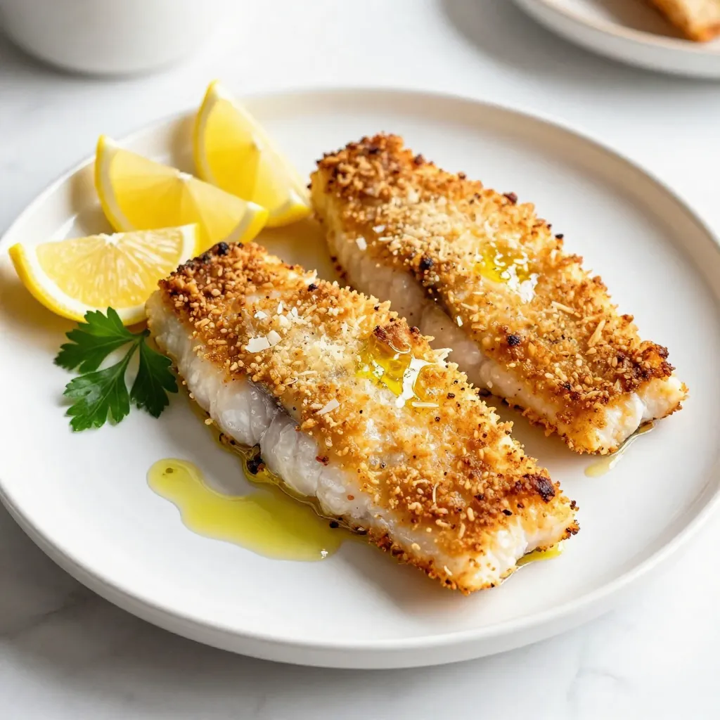 - 4 tilapia fillets - 1 cup grated Parmesan cheese - 1 cup panko bread crumbs - 2 teaspoons garlic powder - 1 teaspoon onion powder - 1 teaspoon dried oregano - ½ teaspoon salt - ½ teaspoon black pepper - 2 large eggs - 2 tablespoons olive oil - Lemon wedges for serving - Fresh parsley for garnish Gathering the right ingredients is key. For the main part, you need four tilapia fillets. They should be fresh or thawed if frozen. Next, grab one cup of grated Parmesan cheese. This cheese gives a great flavor and helps the crust stick. You will also need one cup of panko bread crumbs. These crumbs create a light and crunchy crust that makes this dish shine. For seasoning, you will need some garlic powder, onion powder, and dried oregano. Just two teaspoons of garlic powder and one teaspoon each of onion powder and oregano will enhance the taste. Add half a teaspoon of salt and black pepper to balance the flavors. To bind everything, you will use two large eggs. Beating the eggs helps the crumbs stick well to the fish. Finally, two tablespoons of olive oil will help with frying and add richness to the dish. To serve, I recommend lemon wedges. They add a fresh zing to the fish. A sprinkle of fresh parsley makes the dish look beautiful and adds a bit of color. Each ingredient plays a key role in making your Parmesan crusted tilapia crisp and flavorful. {{ingredient_image_1}} 1. Preheat your oven to 400°F (200°C). This helps the fish cook evenly. 2. Line a baking sheet with parchment paper or spray it with cooking spray. This prevents sticking. 3. In a shallow dish, combine the panko bread crumbs, grated Parmesan cheese, garlic powder, onion powder, dried oregano, salt, and black pepper. Mix until all dry ingredients blend well. 1. In another bowl, beat the two large eggs until they are mixed well. 2. Take each tilapia fillet and dip it into the egg wash. Ensure the entire fillet is coated. 3. Next, dredge the fillet in the breadcrumb and cheese mixture. Press lightly to make the crust stick well. 1. Heat the olive oil in a large skillet over medium heat. Wait until the oil is hot before adding fish. 2. Add the coated tilapia fillets to the skillet. Cook for about 2-3 minutes on each side. Look for a golden brown color. 3. Once browned, transfer the fillets to the prepared baking sheet. 4. Bake them in the oven for 10-12 minutes. The fish should flake easily with a fork and have a crispy crust. 5. Remove the baking sheet from the oven and let the fillets rest for a couple of minutes before serving. How to achieve a crispy crust To get that perfect crispy crust, use panko bread crumbs. They give a light crunch. Mix them with grated Parmesan cheese and spices. Dip the tilapia in the egg wash first. This helps the crust stick well. When frying, make sure the oil is hot. Fry each side for 2-3 minutes until golden brown. Baking the fillets after frying makes them even crispier. Best oil for frying tilapia I recommend using olive oil for frying. It adds a nice flavor. You can also use vegetable oil if you prefer. Just make sure the oil is hot before adding the fish. This helps seal in the moisture and keeps the fish tender. Ideas for side dishes Parmesan crusted tilapia pairs well with many sides. Try serving it with steamed broccoli or asparagus. A fresh salad with citrus dressing also works great. You can add rice or quinoa for a hearty meal too. Presentation tips for a beautiful plate To make your dish look stunning, drizzle some olive oil on the plate. Place the tilapia fillet in the center. Add lemon wedges on the side for color. A sprig of fresh parsley on top adds a nice touch. This simple plating makes the dish pop! Best practices for refrigeration Store any leftover tilapia in an airtight container. It will last for up to three days in the fridge. Make sure it cools down first before sealing. This keeps it fresh and safe to eat. Reheating tips for optimal taste To reheat, place the tilapia in the oven. Set it to 350°F (175°C) and bake for about 10 minutes. This helps keep the crust crispy. You can also use an air fryer for quick reheating. Just a few minutes will do! Pro Tips Fresh Ingredients: Always use fresh tilapia fillets for the best flavor and texture. Check for a mild smell and firm flesh when selecting fish. Perfect Crust: For an extra crispy crust, let the coated tilapia sit for about 5 minutes before cooking. This helps the breading adhere better. Flavor Variations: Feel free to experiment with different herbs and spices in the breading mix. Adding paprika or cayenne pepper can give a nice kick! Serving Suggestions: Pair the tilapia with a fresh salad or steamed vegetables for a complete meal. A tangy sauce like tartar or remoulade also complements the dish well. {{image_2}} You can add fun flavors to your Parmesan crust. Try mixing in dried herbs like thyme or basil. A pinch of red pepper flakes brings heat. For a fresh twist, use lemon zest in the crust. Cheese alternatives also work well. Instead of Parmesan, try cheddar or even a mix of Italian cheeses for a unique taste. Want a quicker cooking method? Use an air fryer! Preheat it to 400°F (200°C). Cook the fillets for about 8-10 minutes. You’ll still get that crispy crust. If you love grilled flavors, try grilling your tilapia. Brush it with olive oil and grill for 3-4 minutes on each side. The smokiness adds depth to the dish. If you need a gluten-free option, swap panko with crushed gluten-free crackers or almond flour. This keeps the crispy texture. For low-carb variations, use crushed pork rinds instead of breadcrumbs. It gives a nice crunch without the carbs. You can enjoy this dish while sticking to your diet! Each serving of Parmesan crusted tilapia has about 400 calories. This dish is rich in protein, with roughly 30 grams per serving. The fat content is around 20 grams, mainly from olive oil and cheese. Carbohydrates are about 25 grams, coming from the panko and seasonings. Tilapia is a great source of protein. It is low in calories and has healthy fats. Eating tilapia can help build and repair body tissues. Parmesan cheese adds flavor and calcium, essential for strong bones. Olive oil is a heart-healthy fat. It can lower bad cholesterol levels and provide antioxidants. For a balanced meal, serve one tilapia fillet per person. Pair it with vegetables or a salad to add fiber and vitamins. If you have special dietary needs, cut back on the cheese or oil. For a lighter option, serve half a fillet with more veggies. How long can I store leftover Parmesan Crusted Tilapia? You can store leftover Parmesan crusted tilapia in the fridge for up to 3 days. Make sure to place it in an airtight container. This helps keep the fish fresh and moist. When you are ready to eat it again, reheat gently in the oven or on the stove. Can I freeze cooked tilapia? Yes, you can freeze cooked tilapia. Wrap each fillet in plastic wrap and place it in a freezer bag. It can last for up to 2 months in the freezer. When you want to enjoy it, thaw in the fridge overnight and reheat as described above. What can I use instead of tilapia? If you want to try another fish, you can use cod or haddock. Both have a mild taste and flake well. They also work great with the Parmesan crust. You can even use chicken breasts if you prefer poultry. How to tell when tilapia is fully cooked? You can tell tilapia is fully cooked when it flakes easily with a fork. The flesh should turn from translucent to opaque. A safe internal temperature is 145°F (63°C). Use a meat thermometer for accuracy. What sides go well with Parmesan Crusted Tilapia? Parmesan crusted tilapia pairs well with many sides. Consider serving it with steamed vegetables, like broccoli or green beans. A light salad or wild rice also complements the dish nicely. Can I make this recipe ahead of time? You can prepare the crust and coat the tilapia ahead of time. Store the coated fillets in the fridge for up to 2 hours before cooking. This helps save time when you're ready to eat. Just remember to bake the fillets fresh for the best taste and texture. This blog post covered how to make Parmesan Crusted Tilapia. We explored ingredients like tilapia, cheese, and spices. I shared step-by-step instructions for preparation and cooking. You learned tips for a crispy crust and how to store leftovers. As you try this recipe, remember you can customize flavors and cooking methods. Enjoy your meal with lemon and fresh parsley! This dish is simple and tasty, making it perfect for any occasion.