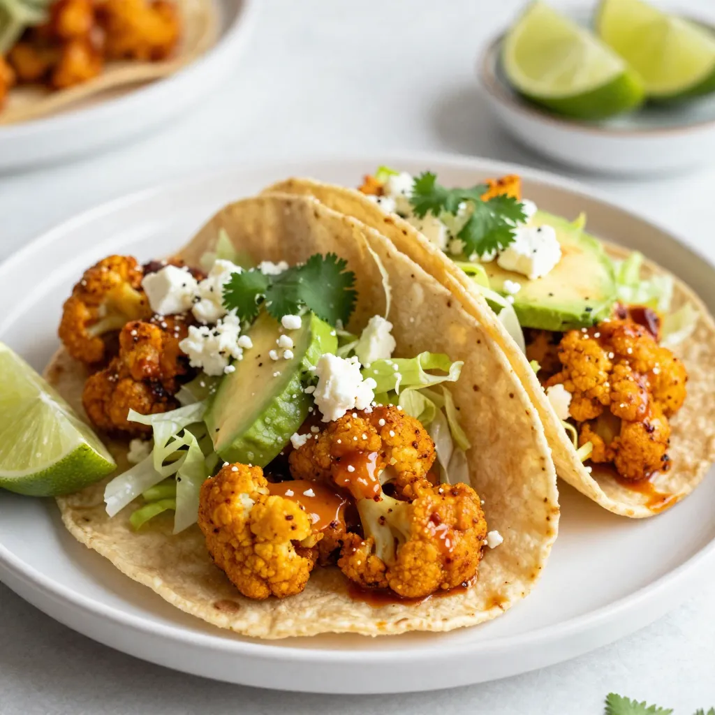 - Cauliflower and Batter - 1 medium cauliflower head, cut into florets - 1 cup all-purpose flour - 1 cup water - 1 teaspoon garlic powder - 1 teaspoon onion powder - 1 teaspoon smoked paprika - Salt and pepper to taste - Buffalo Sauce - 1 cup buffalo sauce (store-bought or homemade) - Toppings - 8 small corn tortillas - 1 cup shredded lettuce - 1 ripe avocado, sliced - 1/2 cup crumbled feta cheese or a dairy-free alternative - Fresh cilantro for garnish - Lime wedges for serving - Baking Sheet - Mixing Bowls - Whisk The main star of this dish is the cauliflower. It takes center stage with its texture and flavor. The batter adds a crispy layer that holds the buffalo sauce. This sauce packs a punch. It can be made at home or bought at the store for quick prep. Toppings like lettuce and avocado balance the heat. Crumbled feta adds creaminess, while cilantro gives a fresh kick. Lime wedges are a must. They brighten each bite and enhance the flavors. To make this easy at home, you need basic kitchen tools. A baking sheet helps roast the cauliflower. Mixing bowls hold all your ingredients while you prepare. A whisk combines the batter smoothly. With these tools, you can create a tasty meal that impresses everyone. {{ingredient_image_1}} Preheat the Oven Start by warming your oven to 450°F (230°C). This high heat helps the cauliflower get crispy. Prepare the Batter In a large bowl, mix 1 cup of all-purpose flour with 1 cup of water. Add 1 teaspoon of garlic powder, 1 teaspoon of onion powder, and 1 teaspoon of smoked paprika. Season with salt and pepper to taste. Whisk everything until smooth. This batter will add flavor and texture to your cauliflower. Coating the Florets Take each cauliflower floret and dip it into the batter. Make sure every piece is covered well. This step is key for getting that nice crunch after baking. Place the coated florets on a lined baking sheet. Baking Time and Technique Bake the cauliflower in the oven for 20-25 minutes. Flip the florets halfway through so they cook evenly. You want them to be crispy and golden brown. Once done, toss them in 1 cup of buffalo sauce until they are fully coated. Preparing the Tortillas While the cauliflower cools, warm your 8 small corn tortillas. Use a dry skillet and heat each side for about 30 seconds. This makes the tortillas soft and easy to fold. Layering Ingredients Now it’s time to build your tacos. Start with a generous scoop of buffalo cauliflower on each tortilla. Add shredded lettuce, slices of avocado, and crumbled feta cheese or a dairy-free alternative. Finish with fresh cilantro on top for a burst of flavor. Serve with lime wedges to squeeze over the tacos for extra zest. - Spice Adjustments Adjusting spices can change everything. If you like heat, add more garlic powder and onion powder. If you want it milder, reduce the buffalo sauce. Taste the batter before coating the cauliflower for the right kick. You can also add cayenne pepper for extra heat. - Choosing the Right Sauce Buffalo sauce is key. You can use store-bought or make your own. Look for a sauce with a good balance of heat and flavor. Some sauces are too vinegary, so taste before using. Mixing different sauces can create a unique flavor too. - Alternative Cooking Methods You can fry the cauliflower if you want a different taste. Use a deep fryer for a crispy finish. Air fryers work well too. They need less oil and still get crispy. Just adjust the cooking time to avoid burning. - Ensuring Crispiness To get crispy cauliflower, do not overcrowd the baking sheet. Space the florets apart to allow air to circulate. Flipping them halfway through helps them brown evenly. You can also broil them for the last few minutes for extra crunch. - Garnishing Ideas Fresh cilantro adds color and flavor. Add lime zest for brightness. A drizzle of extra buffalo sauce can make it look beautiful. You can also add some chopped green onions for a nice touch. - Serving Suggestions Serve the tacos with lime wedges on the side. This adds a zesty flavor. Pair them with a side of fresh salsa for a fresh kick. You can also offer a creamy dip or extra toppings for guests to choose from. Pro Tips Choose the Right Cauliflower: Look for a cauliflower head that is firm and has tightly packed florets for the best texture and flavor. Adjust the Spice Level: If you prefer milder tacos, use a less spicy buffalo sauce or mix it with a bit of ranch dressing for a creamy balance. Make-Ahead Option: You can prepare the batter and cauliflower ahead of time, then bake just before serving for a quick meal. Garnish for Extra Flavor: Consider adding pickled red onions or a drizzle of tahini sauce for added zest and creaminess. {{image_2}} Gluten-Free Option To make these tacos gluten-free, simply swap the all-purpose flour with a gluten-free flour blend. Many blends work well in this recipe. You can also use cornstarch or chickpea flour for the batter. This way, you keep the crunch without gluten. Vegan Options These tacos can easily fit a vegan diet. Use a dairy-free alternative for the feta cheese. Nutritional yeast can also add a cheesy flavor. Check the buffalo sauce to ensure it is vegan-friendly. Many brands offer plant-based options. Different Sauces to Try While buffalo sauce is classic, feel free to experiment. Try barbecue sauce for a sweet twist. A spicy sriracha sauce can add more heat. You can even mix buffalo sauce with ranch dressing for a creamy blend. Each sauce brings a new taste to these tacos. Additional Toppings Ideas Toppings can make a big difference. Add sliced radishes for crunch. Pickled onions can add a tangy flavor. You might also enjoy adding jalapeños for heat. Fresh herbs like parsley or dill can brighten the dish. These toppings will make your tacos unique every time. To keep your Buffalo Cauliflower Tacos fresh, follow these steps: - Refrigeration Guidelines: Place any leftover tacos in an airtight container. Store them in the fridge. They will stay good for about 3 days. If you have extra buffalo cauliflower, store it separately from the tortillas and toppings. - Freezing Instructions: For longer storage, you can freeze the buffalo cauliflower. Place it in a freezer-safe bag or container. It will last for about one month. Avoid freezing the tortillas and fresh toppings. They do not freeze well. To enjoy your leftovers, reheating is key. Here are some best methods: - Best Methods for Reheating: Use an oven or an air fryer. Preheat your oven to 350°F (175°C). Place the cauliflower on a baking sheet and heat for about 10-15 minutes. If you use an air fryer, heat at 350°F for about 5-7 minutes. - Maintaining Crispiness: To keep your tacos crispy, do not cover them while reheating. Covering them can make them soggy. You can also reheat the tortillas in a dry skillet for about 30 seconds on each side before adding the reheated cauliflower. To make Buffalo Cauliflower Tacos, start with fresh cauliflower. Cut it into small florets. Prepare a batter using flour, water, garlic powder, onion powder, smoked paprika, salt, and pepper. Dip each floret into the batter. Bake them at 450°F until golden and crispy. Toss the baked florets in buffalo sauce. Warm corn tortillas in a skillet. Assemble by adding the buffalo cauliflower, lettuce, avocado, and feta cheese to the tortillas. Serve with lime wedges. Yes, you can use frozen cauliflower. However, fresh cauliflower gives a better texture. If you use frozen, make sure to thaw and drain it well. This helps prevent excess moisture in the batter. These tacos go great with several side dishes. Here are some ideas: - Mexican Rice: A classic pairing that complements the flavors. - Black Beans: Rich in protein and adds a hearty touch. - Corn Salad: Offers a fresh, crunchy contrast. For drinks, try these alcohol-free options: - Sparkling Water with Lime: Refreshing and brightens the meal. - Hibiscus Iced Tea: A fruity drink that adds a unique flavor. Nutritional values: These tacos are high in fiber and vitamins from cauliflower and avocado. You can swap feta cheese for a dairy-free option if needed. Buffalo cauliflower tacos are fun to make and tasty to eat. We covered the main ingredients, kitchen tools, and step-by-step instructions. You learned tips for flavor and presentation, along with dietary options. Storing leftovers and reheating them right keeps your tacos fresh. Enjoy experimenting with sauces and toppings. Now you can impress your friends and family with these delicious treats. Dive into cooking, and enjoy every bite.