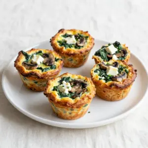 - Eggs and Dairy - 6 large eggs - 1/4 cup milk (or milk alternative) - 1/2 cup feta cheese, crumbled - Vegetables - 1 cup fresh spinach, chopped - 1 cup mushrooms, diced (button or cremini) - Seasonings - 1/4 teaspoon garlic powder - 1/4 teaspoon onion powder - Salt and pepper to taste - Optional Add-ins - You can add cooked bacon or herbs like parsley for extra flavor. - Consider using different cheeses like cheddar or goat cheese. These ingredients come together to make tasty muffins. The eggs provide protein, while the spinach and mushrooms add nutrients. Feta brings a nice salty bite. You can always swap or add ingredients based on your taste. Just keep the base the same for best results. {{ingredient_image_1}} Preheating the Oven Start by preheating your oven to 350&deg;F (175&deg;C). This step gets your oven ready for baking. It ensures that your muffins cook evenly and turn out just right. Saut&eacute;ing the Vegetables In a skillet, add a splash of olive oil over medium heat. Once the oil is warm, toss in your diced mushrooms. Cook them for about 3-4 minutes until they soften. Next, add the chopped spinach to the skillet. Cook for another 2-3 minutes until the spinach wilts. This process brings out the flavors and makes the veggies tender. Remove the skillet from heat and let the mix cool slightly. Whisking the Egg Mixture In a large mixing bowl, crack open the 6 eggs. Use a whisk to blend the eggs until smooth. Next, pour in the 1/4 cup of milk. Add the garlic powder, onion powder, salt, and pepper. Whisk everything together until mixed well. Finally, gently stir in the saut&eacute;ed mushroom and spinach mix, along with the crumbled feta. Make sure each bite has a bit of everything. Filling the Muffin Tin Grab your greased muffin tin. Pour the egg mixture into each cup, filling them about 3/4 full. This allows space for the muffins to rise while baking. Baking Time and Temperature Place the muffin tin in your preheated oven. Bake the muffins for 18-20 minutes. Check for doneness; they should be set and lightly golden on top. Cool Down Process Once baked, remove the muffin tin from the oven. Let the muffins cool in the tin for about 5 minutes. This makes it easier to take them out without breaking. After cooling, gently remove each muffin and serve warm. Preventing Soggy Muffins To keep your muffins firm, ensure you cook the mushrooms well. Saut&eacute; them until they are soft but not watery. Let the spinach wilt without excess moisture. A dry filling helps avoid sogginess. Tips for Even Cooking Fill the muffin cups equally to ensure they cook at the same rate. Use an ice cream scoop for uniformity. Check the muffins about halfway through baking. Rotate the pan for even heat distribution. Enhancing Flavor with Herbs Fresh herbs can elevate your muffins. Try adding chopped parsley or dill to the egg mixture. A pinch of red pepper flakes can add a nice kick. Experiment with flavors that excite your taste buds. Best Muffin Tins Choose non-stick or silicone muffin tins. They help with easy muffin removal. You can also use regular tins with cooking spray to prevent sticking. Recommended Cooking Utensils Have a whisk for blending eggs and a spatula for mixing ingredients. A sharp knife makes chopping veggies quick and easy. A large mixing bowl is essential for combining all your ingredients. Optional Tools for Meal Prep Consider having a food processor to chop veggies quickly. An egg timer can help you keep track of baking time. Meal prep containers are great for storing leftovers and enjoying muffins later. Pro Tips Fresh Ingredients: Use fresh spinach and mushrooms for the best flavor and texture in your egg muffins. Egg Whisking: Whisk the eggs thoroughly to incorporate air, which will make your muffins light and fluffy. Feta Alternatives: If you prefer a different cheese, try goat cheese or cheddar for a unique twist on flavor. Storage Tips: Store leftovers in an airtight container in the fridge for up to 4 days, or freeze for longer shelf life. {{image_2}} Vegetarian Options These muffins are great for vegetarians. They already use eggs and veggies. You can add more vegetables like bell peppers or zucchini. This boosts the flavor and nutrition. You can also try different cheeses like cheddar or mozzarella for more taste. Gluten-Free Substitutes To make this dish gluten-free, ensure all your ingredients are gluten-free. Most fresh veggies and eggs are fine. The recipe does not use flour, so you are good to go! If you want a bit of a crunch, try adding gluten-free breadcrumbs on top before baking. Dairy-Free Alternatives For a dairy-free version, swap out the feta cheese. You can use nutritional yeast for a cheesy flavor. Almond milk or oat milk can replace regular milk. This keeps the muffins creamy and tasty without any dairy. Adding Different Cheeses Cheese can change the taste of your muffins. Try goat cheese for a tangy kick. You could also add pepper jack for a spicy twist. Mixing cheeses can create a rich flavor and a fun texture. Incorporating Other Vegetables Feel free to mix in other veggies! Broccoli, kale, or roasted red peppers work well. Just ensure they are chopped small to fit in the muffin. This way, you can change the flavor and make it more colorful. Spicing it Up Want a kick? Add a pinch of cayenne or red pepper flakes to the egg mix. This gives your muffins some heat. You can also use fresh herbs like thyme or basil for added freshness. A little seasoning goes a long way! - Refrigeration Tips: Once your muffins cool, place them in an airtight container. They stay fresh in the fridge for up to four days. This way, you can enjoy them for breakfast or a snack later. Make sure to label the container with the date. - Freezing Instructions: To keep them longer, freeze the muffins. Wrap each muffin in plastic wrap, then place them in a freezer bag. You can freeze them for up to three months. When you want one, just take it out and let it thaw in the fridge overnight. - Best Methods to Reheat Muffins: For best results, reheat your muffins in the oven. Preheat it to 350&deg;F (175&deg;C) and place the muffins on a baking sheet. Heat for about 10 minutes. This method keeps them fluffy and warm. You can also use the microwave. Heat for about 30 seconds, but be careful not to overdo it. - Keeping Muffins Moist: To keep the muffins moist while reheating, cover them with a damp paper towel. This step helps to trap steam and prevents them from drying out. Enjoy your warm, tasty muffins just like fresh! Can I make these muffins ahead of time? Yes, you can make these muffins ahead of time. They store well in the fridge for a few days. Just reheat them before serving. This makes them a great option for busy mornings. How long do Spinach Mushroom Feta Egg Muffins last? These muffins can last up to a week in the fridge. If you want them to last longer, freeze them. They will keep well in the freezer for about three months. Can I customize the fillings? Absolutely! You can add other veggies or proteins. Try bell peppers, zucchini, or even cooked bacon. Just remember to keep the egg mixture balanced. What is the nutritional value per muffin? Each muffin has around 100 calories, 7 grams of protein, and 6 grams of fat. The feta adds flavor and nutrients, while spinach packs in vitamins. Are these muffins suitable for meal prep? Yes, they are perfect for meal prep! You can make a big batch on the weekend. Store them in individual containers for easy grab-and-go meals. How can I make these muffins healthier? To make them healthier, consider using egg whites or a milk alternative. You can also add more veggies to boost fiber and cut down on calories. You can now create tasty Spinach Mushroom Feta Egg Muffins at home. We covered ingredients like eggs, veggies, and seasonings. I shared a simple step-by-step guide for prepping and baking. Plus, I offered tips to keep them fluffy and flavorful. With variations for different diets, these muffins fit everyone's needs. Storing leftovers is easy too. They make a great meal prep option. Enjoy making and sharing these tasty muffins!