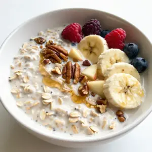 To make Maple Pecan Overnight Oats, gather these key ingredients: - 1 cup rolled oats - 2 cups almond milk (or any milk of your choice) - 1/4 cup maple syrup - 1/2 teaspoon vanilla extract - 1/2 teaspoon cinnamon - 1/4 teaspoon salt - 1/2 cup pecans, chopped These ingredients work together to create a creamy and sweet breakfast. Rolled oats form the base, while almond milk adds a rich texture. Maple syrup brings sweetness, and vanilla extract gives a warm flavor. Cinnamon and salt enhance the taste, and pecans add a delightful crunch. You can also add these optional ingredients for some extra flair: - 1/2 cup diced apple - Fresh fruit for topping - Extra pecans for crunch Diced apple gives a fresh taste. Fresh fruits, like berries or bananas, provide color and more flavor. You can add more pecans on top for an added crunch, making the dish even more satisfying. Each serving of Maple Pecan Overnight Oats offers a nutritious start to your day. Here&rsquo;s a quick breakdown: - Calories: Approximately 300 - Protein: About 8 grams - Fiber: Around 6 grams - Healthy fats: 15 grams These oats are filling and packed with nutrients. They give you energy and help keep you full longer. The mix of oats and nuts provides fiber and healthy fats, making this dish a smart choice for breakfast. {{ingredient_image_1}} Start by gathering your ingredients. You need rolled oats, almond milk, maple syrup, vanilla extract, cinnamon, salt, chopped pecans, and diced apple if you want. In a large bowl, mix the rolled oats and almond milk. Pour in the maple syrup, vanilla, cinnamon, and salt. Stir this mix well until everything blends together. Once your oat mixture is ready, fold in the chopped pecans and diced apple. Make sure they spread evenly throughout the mix. Next, divide the mixture into jars or airtight containers. Leave some space at the top because the oats will soak up the liquid and expand. Seal the containers tightly and place them in the fridge. Let them chill overnight or for at least 4 to 6 hours. In the morning, take out your oats and stir them well. If they seem too thick, add a splash of almond milk to loosen them. For a tasty finish, top your oats with fresh fruit like banana slices or berries. You can also add more chopped pecans for an extra crunch. Enjoy your delicious Maple Pecan Overnight Oats! To get the right texture in your oats, choose rolled oats. They soak up the milk well. Make sure to mix the oats with almond milk and maple syrup properly. Let them sit overnight. This gives them time to soften. If you find your oats too thick in the morning, add a splash of almond milk. Stir well to blend everything together. This will help make them creamy. Store your oats in airtight containers. This keeps them fresh and prevents any strong smells. Make sure to seal the jars tightly. Place them in the fridge right after mixing. They can stay there for up to five days. However, they taste best within the first few days. Always check for any signs of spoilage before eating. To save time, prep your oats the night before. This makes breakfast easy and quick. You can also make several servings at once. Just divide the oat mixture into jars. In the morning, grab a jar and go. For added freshness, keep toppings like fruits separate until you&rsquo;re ready to eat. This keeps everything crisp and tasty. Pro Tips Use Steel-Cut Oats for a Chewy Texture: If you prefer a heartier bite, swap rolled oats for steel-cut oats. Just remember to increase the soaking time for proper hydration. Experiment with Nut Butters: For an added layer of flavor and creaminess, mix in a tablespoon of almond or peanut butter before refrigerating. Customize with Seasonal Fruits: Change up the diced apple with seasonal fruits like peaches in summer or pears in fall for a fresh twist. Make it Vegan: Ensure your maple syrup is 100% pure and unrefined to maintain a fully vegan profile for this delicious breakfast option. {{image_2}} You can switch up the milk in your overnight oats. Almond milk is great, but you can try other kinds too. Soy milk adds a creamy touch. Coconut milk gives a nice tropical flavor. Oat milk brings a smooth, rich taste. Each option changes the taste and texture. So, have fun experimenting to find your favorite! Fruits and nuts can add a twist to your oats. If you want, swap pecans for walnuts or almonds. Each nut has its own flavor and crunch. You can also add different fruits. Try diced bananas or fresh berries for sweetness. Apples add a crisp bite. Feel free to mix and match to suit your taste! Spices can take your oats to the next level. Cinnamon is a classic choice, but you can add more. Nutmeg gives a warm, cozy vibe. A dash of ginger adds a zing. You might even like cardamom for a unique twist. Just a pinch can change everything. Try different spice blends to discover new flavors! Store your Maple Pecan Overnight Oats in airtight containers. Glass jars work well. Make sure the lid is on tight to keep air out. This helps keep your oats fresh. If you made a big batch, divide them into smaller jars. This makes it easy to grab one for breakfast. You can keep your overnight oats in the fridge for up to five days. After that, they may lose flavor and texture. Always check for signs like odd smells or changes in color. If they look or smell off, it&rsquo;s best to throw them away. You can eat your overnight oats cold or warm them up. If you want to reheat them, put them in a bowl. Heat in the microwave for about one minute. Stir well to make sure they warm evenly. If they seem too thick, add a splash of almond milk. This brings back the creamy texture. Enjoy your delicious oats! Yes, you can use quick oats. Quick oats cook faster and absorb liquid more quickly. This means they may turn mushy if left too long in the fridge. If you prefer a firmer texture, stick with rolled oats. They give your overnight oats a heartier bite. Toppings add flavor and texture. Here are some ideas: - Fresh berries - Sliced bananas - Additional chopped pecans - Chia seeds - Coconut flakes - A dollop of yogurt - Drizzle of honey or extra maple syrup Feel free to mix and match according to your taste! You can keep overnight oats in the fridge for about 3 to 5 days. They stay fresh in airtight containers. Just check for any off smells or changes in texture before eating. If they look or smell odd, it&rsquo;s best to toss them. Maple pecan overnight oats are easy, tasty, and nutritious. We explored essential and optional ingredients for flavor. The step-by-step guide helps you prepare and store your oats. I shared tips for the perfect texture and storage guidance to keep your oats fresh. Feel free to experiment with variations like different milks and fruits. With these insights, you can enjoy a quick, healthy breakfast every day! Start making your own delicious overnight oats today.