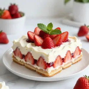 - 2 cups fresh strawberries, hulled and sliced - 1 cup heavy whipping cream - 1 cup mascarpone cheese - 1/2 cup powdered sugar - 1 teaspoon vanilla extract - 1 package (12 oz) ladyfingers - 1/2 cup strawberry jam - Fresh mint leaves for garnish Gathering fresh ingredients is key for this no-bake strawberry icebox cake. Start with ripe strawberries. They add great flavor and color. Look for berries that are bright red and firm. Next, choose heavy whipping cream. This cream gives the cake its rich texture. Mascarpone cheese is a must for creaminess. It adds a smooth taste that pairs well with strawberries. You will also need powdered sugar. It sweetens the cream mixture without being gritty. Vanilla extract adds warmth and depth to the flavors. Ladyfingers are the base of the cake. They soak up the cream and jam well. The strawberry jam acts as a sweet glue, holding the layers together. Finally, fresh mint leaves make a lovely garnish. They add a pop of color and a hint of freshness. Having all these ingredients ready makes the process easy. You can find most of these at your local grocery store. Enjoy the vibrant taste of summer in every bite! {{ingredient_image_1}} 1. Start by whipping the heavy cream. Use a mixing bowl and beat it until soft peaks form. This should take about 3 to 5 minutes. You want it fluffy but not too stiff. 2. In another bowl, mix the mascarpone cheese, powdered sugar, and vanilla extract. Stir until the mixture is smooth. This step is key to adding sweetness and flavor. 3. Now, gently fold the whipped cream into the mascarpone mixture. Use a spatula and be careful not to deflate the cream. You want to keep it light and airy. 1. Grab a 9x13 inch baking dish. Spread a thin layer of strawberry jam at the bottom. This adds flavor and keeps the ladyfingers from sticking. 2. Take the ladyfingers and arrange them in the dish. Place them with one side facing up. Make sure to cover the jam completely. 3. Spoon half of the mascarpone cream mixture over the ladyfingers. Spread it evenly to cover all the ladyfingers. 4. Next, add half of the sliced strawberries on top of the cream layer. This will give a fresh taste and colorful look. 5. Repeat the layering. Start with another layer of ladyfingers, then add the remaining mascarpone mixture, and finish with the rest of the strawberries. 1. Cover the baking dish with plastic wrap. This will keep the cake fresh while it chills. 2. Place the dish in the refrigerator for at least 4 hours. For the best flavor and texture, chill it overnight if you can. 3. Before serving, garnish with fresh mint leaves. You can also add an extra dollop of whipped cream if you like. This makes it look even more special. For the best flavor, refrigerate your icebox cake for at least four hours. Letting it sit overnight is even better. This time helps the flavors blend well. When serving for parties, cut the cake into squares. Use a sharp knife to get clean cuts. You can also add extra whipped cream on top for a lovely touch. You can swap out the strawberries for other fruits like blueberries, raspberries, or peaches. If you want a different flavor, use whipped cream cheese instead of mascarpone. For a gluten-free option, look for gluten-free ladyfingers. They work well and keep the texture nice. To get the perfect texture, whip the cream until soft peaks form. This step makes the cream light and fluffy. To avoid soggy layers, do not soak the ladyfingers too long in jam. Just a quick dip is enough. This keeps your cake from getting mushy. Pro Tips Use Fresh Strawberries: For the best flavor and texture, always opt for ripe, fresh strawberries. They will enhance the overall taste of your icebox cake. Chill for Optimal Texture: Allow the cake to chill overnight if possible. This will help the ladyfingers absorb moisture and create a more cohesive texture. Experiment with Flavors: Feel free to add a splash of citrus like lemon or orange zest to the mascarpone mixture for a refreshing twist. Garnish Creatively: Use additional toppings such as chocolate shavings or crushed nuts for added texture and visual appeal when serving. {{image_2}} You can change the flavor of your icebox cake easily. One fun idea is to make a chocolate no-bake icebox cake. Simply swap the mascarpone cheese with chocolate cream cheese. Then, add cocoa powder to the whipped cream. You&rsquo;ll have a rich, chocolatey treat that everyone will love. Another option is a tropical fruit twist. Use mango, pineapple, or kiwi instead of strawberries. Mix these fruits into the mascarpone layer for a bright, fresh taste. You can also add shredded coconut for a fun texture. Serving style can make your cake even more special. Consider making individual servings in small cups or jars. This way, each guest gets their own treat, which looks nice and is easy to serve. You can also try different garnishes. Instead of mint leaves, use a sprinkle of crushed nuts or a drizzle of chocolate sauce. These small touches can really make your cake stand out. You can adapt this cake for any season. For holiday-themed versions, add spices like cinnamon or nutmeg to the cream. You could also layer cranberries or pumpkin puree for a unique twist. These flavors fit well with winter holidays. In summer, feel free to swap strawberries with other fruits like peaches or blueberries. These fruits add a burst of color and flavor. Plus, they are perfect for a hot day, making your icebox cake refreshing and light. To keep your no-bake strawberry icebox cake fresh, store it in the fridge. Use an airtight container to prevent air from drying it out. If you have leftovers, cover the dish tightly with plastic wrap. This keeps the flavors intact and avoids spills. For smaller portions, cut the cake into slices. Place each slice in a separate container. This makes it easy to grab a slice when you want a sweet treat. In the refrigerator, your icebox cake lasts about 3 to 4 days. Make sure to check for any signs of spoilage before serving. If you want to freeze the cake, it&rsquo;s best to do this right after making it. Wrap the cake tightly in plastic wrap, then foil. This will protect it from freezer burn. To thaw, move it to the fridge overnight before serving. Enjoy that fresh taste again! A no-bake icebox cake is a chilled dessert. It layers cookies or ladyfingers with cream and fruit. The name comes from the need to cool it in the fridge, or icebox. This dessert is simple, tasty, and perfect for hot days. The origin traces back to the 1920s in the United States. Home cooks wanted an easy way to make cakes without an oven. Yes, you can use frozen strawberries! Thaw them before using. This helps them soften and release some juice. After thawing, drain any excess liquid. This keeps your cake from getting soggy. Frozen strawberries are a great choice when fresh ones are out of season. They still offer good flavor and texture. You can keep your icebox cake in the fridge for up to five days. Make sure to cover it well with plastic wrap or a lid. This helps it stay fresh and prevents odors from other foods. The flavors become better as it sits. For the best texture, try to enjoy it within two to three days. You now have all the steps to make a delightful no-bake icebox cake. From fresh strawberries and luxurious mascarpone to clever tips for perfect layers, each part of the process contributes to a tasty treat. Remember to adjust ingredients and follow the storage tips for an enjoyable cake. Whether you aim for individual servings or a themed presentation, this dessert will impress everyone. Now, gather your ingredients, get started, and enjoy your delicious creation!