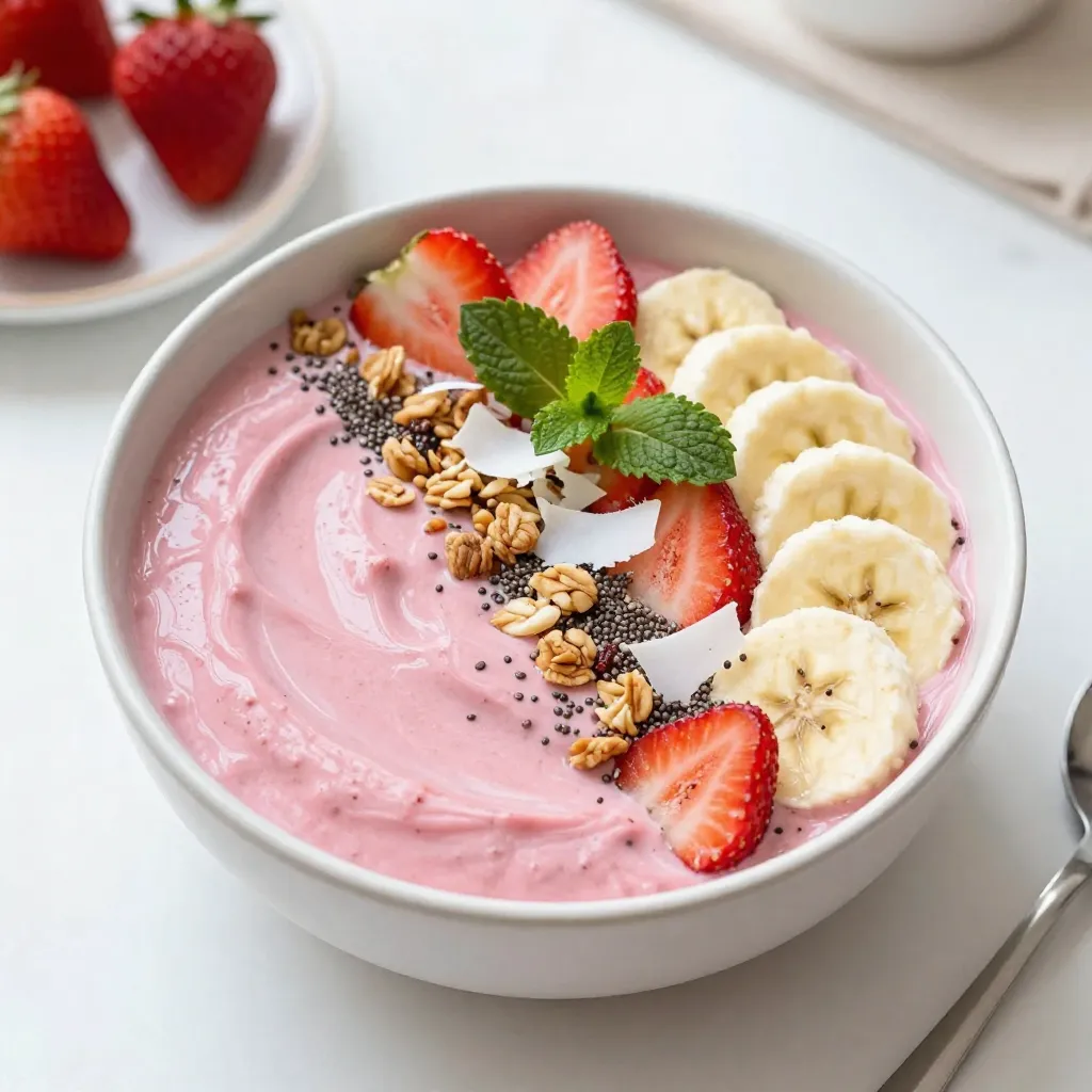 - 1 cup frozen strawberries - 1 ripe banana - 1/2 cup Greek yogurt (or dairy-free alternative) - 1/2 cup almond milk (or any milk of your choice) - 1 tablespoon honey or maple syrup (optional) - Sliced fresh strawberries - Banana slices - Granola - Chia seeds - Shredded coconut - Mint leaves For a great strawberry banana smoothie bowl, start with fresh and frozen ingredients. You need one cup of frozen strawberries and one ripe banana. Frozen strawberries give your bowl a thick texture. The ripe banana adds natural sweetness and creaminess. Next, choose your dairy or dairy-free option. I use half a cup of Greek yogurt. It adds protein and richness. If you prefer non-dairy, go for a yogurt alternative. Pair that with half a cup of almond milk, or any milk you like. This helps blend everything smoothly. For sweetness, you can add one tablespoon of honey or maple syrup. This step is optional but recommended if you like it sweeter. Now, let’s talk about toppings! You can use sliced fresh strawberries and banana slices for extra fruit flavor. Granola adds a nice crunch. Chia seeds bring fiber and nutrients. Shredded coconut gives a tropical touch, while mint leaves add a pop of color and freshness. These ingredients come together to create a colorful and tasty smoothie bowl. Enjoy mixing and matching to find your perfect flavor! {{ingredient_image_1}} - Step 1: Blend the base ingredients Start by placing 1 cup of frozen strawberries and 1 ripe banana in your blender. Add 1/2 cup of Greek yogurt and 1/2 cup of almond milk. Blend everything until it is smooth and creamy. Make sure there are no chunks left. This step creates a rich base for your smoothie bowl. - Step 2: Adjust sweetness if desired After blending, take a quick taste. If you want it sweeter, add 1 tablespoon of honey or maple syrup. Blend again for a few seconds to mix in the sweetener. This makes your bowl taste just right! - Step 3: Pour smoothie into a bowl Now, pour the blended smoothie mixture into a bowl. Make sure to use a bowl that’s big enough. You want to have space for all the toppings! - Step 4: Decorate with toppings This is where it gets fun! Add sliced fresh strawberries and banana slices on top. Sprinkle granola and chia seeds for added crunch. You can also add shredded coconut if you like. Be creative with your design! - Step 5: Serve and enjoy Finally, garnish your smoothie bowl with a few mint leaves. This adds a nice touch of color. Grab a spoon and enjoy your deliciously vibrant smoothie bowl right away! To make your smoothie bowl creamier, add more yogurt. Greek yogurt gives a thick texture. You can also use a frozen banana. This adds creaminess and sweetness. If you want a lighter bowl, use less almond milk. Blend slowly to get a nice, smooth mix. You can even add a scoop of nut butter. It gives a rich flavor and extra creaminess. Presentation matters! To make your bowl look great, arrange the toppings neatly. Start with fresh strawberry slices. Place them in a fan shape. Next, add banana slices in a circle. Sprinkle granola in the center for a crunchy touch. Add chia seeds and shredded coconut for texture. Finish with mint leaves for color. A well-arranged bowl makes it more fun to eat. Want to add more flavor? Try adding a scoop of peanut butter or almond butter. It pairs well with bananas. You can also add spinach for a healthy twist. It blends well and stays green. If you like tartness, toss in a few blueberries or raspberries. They add a nice pop of color and taste. Don't forget spices like cinnamon for warmth. Each boost makes your smoothie bowl unique and tasty. Pro Tips Use Ripe Bananas: The riper the banana, the sweeter and creamier your smoothie bowl will be. Look for bananas with brown spots for maximum flavor. Freeze Your Ingredients: For an extra thick and cold smoothie bowl, freeze your banana slices along with the strawberries. This will give you a refreshing texture. Experiment with Toppings: Feel free to get creative with your toppings! Try adding nuts, seeds, or even a drizzle of nut butter for added nutrition and flavor. Make it Vegan: Substitute Greek yogurt with a dairy-free alternative like coconut yogurt, and use maple syrup instead of honey for a completely vegan smoothie bowl. {{image_2}} You can change the fruit in your smoothie bowl. If you want, try using mango or blueberries instead of strawberries and bananas. Both fruits add a sweet taste and bright color. You can also mix in some spinach or kale for extra nutrients. This keeps your bowl healthy and tasty. If you follow a vegan diet, use dairy-free yogurt and almond milk. For a keto version, swap the banana for avocado. This change makes the bowl low in carbs. You can also skip the honey or maple syrup for a low-sugar treat. Each option keeps your smoothie bowl enjoyable without losing flavor. You can get creative with toppings! Instead of granola, try nuts like almonds or walnuts. They add crunch and healthy fats. You might also sprinkle some seeds, like pumpkin or sunflower seeds, for added texture. Fresh berries, like raspberries or blueberries, can add vibrant flavor. Don't forget to think about your favorites and make it your own! Store leftover smoothie bowl ingredients in an airtight container. This helps keep them fresh. For best taste, use within one day. If you have extra smoothie, you can keep it in the fridge. Just make sure to stir it well before serving again. You can freeze smoothie mixtures for later use. Pour the mixture into freezer-safe bags or containers. Be sure to leave some space for expansion. When ready to enjoy, thaw in the fridge overnight. You can also blend it again for a smooth texture. To maintain freshness, use ripe fruit. This adds great flavor and sweetness. Keep toppings separate until you're ready to eat. Fresh fruit and granola taste best when added just before serving. Enjoy your vibrant smoothie bowl at its peak! To make your smoothie bowl thicker, use less liquid. Start with only a little almond milk. You can also add more frozen fruit. Frozen bananas work great for extra creaminess. Another tip is to include more yogurt. Greek yogurt is thick and adds protein. Blend until smooth, then check the thickness. If it is too thin, add more frozen fruit or yogurt. Remember, your toppings will also add some texture! You can use several options if you want to skip yogurt. Silken tofu is a great choice. It blends smooth and adds protein. Another option is coconut cream. This gives a nice coconut flavor. You can also try a dairy-free yogurt made from almond or soy. Each substitute will change the taste and texture a bit. If you choose a sweetened yogurt, you may need less honey or syrup. Yes, you can prepare this smoothie bowl in advance! Make the smoothie base and store it in the fridge. Keep it in an airtight container for up to two days. When you're ready to eat, just stir it up and add toppings. You can also freeze the base for longer storage. Thaw it in the fridge overnight before serving. This way, you can always enjoy a healthy meal quickly! This blog post covered how to make a delicious smoothie bowl. We explored key ingredients like fruit, dairy, sweeteners, and tasty toppings. I detailed step-by-step instructions for blending and assembling. I also shared tips for creaminess and visual appeal. Don't forget about the variations, storage tips, and answers to common questions. Now you can create your own perfect smoothie bowl, tailored to your taste! Enjoy experimenting with flavors and toppings, and have fun in the kitchen!