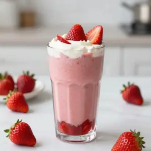 To make a tasty strawberry cheesecake smoothie, you need a few simple ingredients. Here&rsquo;s the list: - 1 cup fresh strawberries, hulled - 1/2 cup cream cheese, softened - 1/2 cup Greek yogurt - 1/4 cup honey or maple syrup (adjust to taste) - 1 cup milk (dairy or non-dairy) - 1 teaspoon vanilla extract - 1/2 teaspoon cinnamon (optional) - Ice cubes (optional, for thicker consistency) These ingredients come together to create a creamy and fruity drink. Fresh strawberries give the smoothie its bright flavor. Cream cheese adds richness, while Greek yogurt brings a tangy taste. Honey or maple syrup sweetens it just right. You can choose dairy or non-dairy milk based on your needs. Vanilla extract adds a warm note, and cinnamon can enhance the flavors if you like. Ice cubes make the smoothie thicker and colder. Remember, you can adjust the sweetness by adding more honey or syrup. If you're in the mood for something unique, feel free to experiment with some of these ingredients! {{ingredient_image_1}} Start by rinsing your fresh strawberries under cold water. This step helps remove any dirt or chemicals. Next, hull the strawberries by removing the green tops. If you want a sweeter smoothie, consider using frozen strawberries. They make the drink thicker and chillier. In a blender, add the hulled strawberries, softened cream cheese, and Greek yogurt. Pour in the honey or maple syrup for sweetness. Add the milk and vanilla extract. If you like, sprinkle in a bit of cinnamon for added flavor. Blend on high until it's smooth and creamy. Don&rsquo;t forget to scrape down the sides. If you want a thicker smoothie, toss in a handful of ice cubes and blend again. Once blended, taste your smoothie. You can adjust the sweetness by adding more honey or syrup if needed. When you&rsquo;re happy with the flavor, pour the mix into tall glasses. For a nice touch, garnish with whole strawberries on top or a dollop of whipped cream if you like. To make your smoothie thick, you have a few options. You can add ice cubes for a cold and creamy feel. Frozen strawberries also help with thickness. The cream cheese and Greek yogurt add rich creaminess. Balancing these helps you create a smooth texture. To make the flavor pop, try adding a pinch of nutmeg. Other fruits like bananas or blueberries can add a twist. If you want it sweeter, use honey or maple syrup. You can also try agave or stevia as alternatives for sweetness. Garnishing your smoothie is fun! Top it with whole strawberries or a dollop of whipped cream. You can also sprinkle some cinnamon for a little extra flavor. This smoothie goes well with breakfast or as a snack. Enjoy it with toast or oatmeal for a great start to your day! Pro Tips Use Frozen Strawberries: For a thicker smoothie, consider using frozen strawberries. They provide a creamy texture and a chilled experience without the need for ice. Adjust Sweetness: Taste your smoothie before serving and adjust the sweetness according to your preference. You can add more honey or maple syrup if needed. Experiment with Flavors: Add other fruits like bananas or blueberries for a different twist. You can also experiment with different spices like nutmeg for added depth. Presentation Matters: Garnish your smoothie with fresh berries or a dollop of whipped cream to make it visually appealing. A little touch can elevate the whole experience! {{image_2}} You can switch up the fruits in your smoothie. Instead of strawberries, try blueberries or raspberries. These fruits add different flavors and colors. You can also use non-dairy options. For cream cheese, use cashew cream or silken tofu. For yogurt, try coconut yogurt or almond yogurt. These swaps keep your smoothie tasty and cater to dietary needs. Think about using seasonal flavors to mix things up. In the spring and summer, fresh fruits shine. In the fall, add pumpkin puree and spices like nutmeg. This turn makes the smoothie cozy and rich. For winter, consider flavors like peppermint or ginger. These tweaks give your smoothie a fun seasonal feel. You can make this smoothie healthier by reducing sugar. Instead of honey, use a small banana for natural sweetness. Adding protein is easy too. Mix in a scoop of protein powder or some nut butter. These changes boost nutrition without losing flavor. You can enjoy a delicious treat that fits your health goals. To store your leftover smoothie, pour it into a clean jar. Seal it tightly. You can keep it in the fridge for up to two days. If you want to store it longer, you can freeze the smoothie. Use ice cube trays for easy portions. Once frozen, transfer the cubes to a freezer bag. You can grab a few cubes whenever you want a quick treat. If your smoothie sits in the fridge, it may separate. This is normal. Just give it a good shake before drinking. You can also blend it again. This helps mix everything well and refreshes the taste. If you like it cold, add a few ice cubes while blending. Enjoy it chilled for the best flavor! Yes, you can make this smoothie ahead of time. Just blend all the ingredients and store it in the fridge. Keep it in a sealed jar. It tastes best when fresh, but it will stay good for up to 24 hours. Just give it a shake or stir before drinking. If you need a substitute for cream cheese, try using Greek yogurt. You can also use silken tofu for a dairy-free option. Both choices will keep the creamy texture. You might want to add a bit of lemon juice for tanginess. To make this smoothie vegan, use non-dairy cream cheese or cashew cream instead. Swap Greek yogurt for coconut yogurt. Use maple syrup for sweetness. Choose almond or oat milk as your base. This way, you keep all the yummy flavors. Yes, you can lower the calories in this smoothie. Use low-fat cream cheese or Greek yogurt. Adjust the honey or maple syrup to a smaller amount. You can also skip the ice cream or heavy cream. Adding more strawberries will also add sweetness without extra calories. This smoothie recipe combines fresh strawberries, cream cheese, and Greek yogurt for creamy goodness. I&rsquo;ve shown you how to blend these ingredients for the best taste and texture. You can adapt the recipe with seasonal fruits or healthier options. Remember to store leftovers properly and enjoy them later. Get creative with your flavors, serve it with snacks, and don&rsquo;t hesitate to experiment. Smoothies can be both delicious and nutritious. Make this recipe your own, and enjoy every sip!