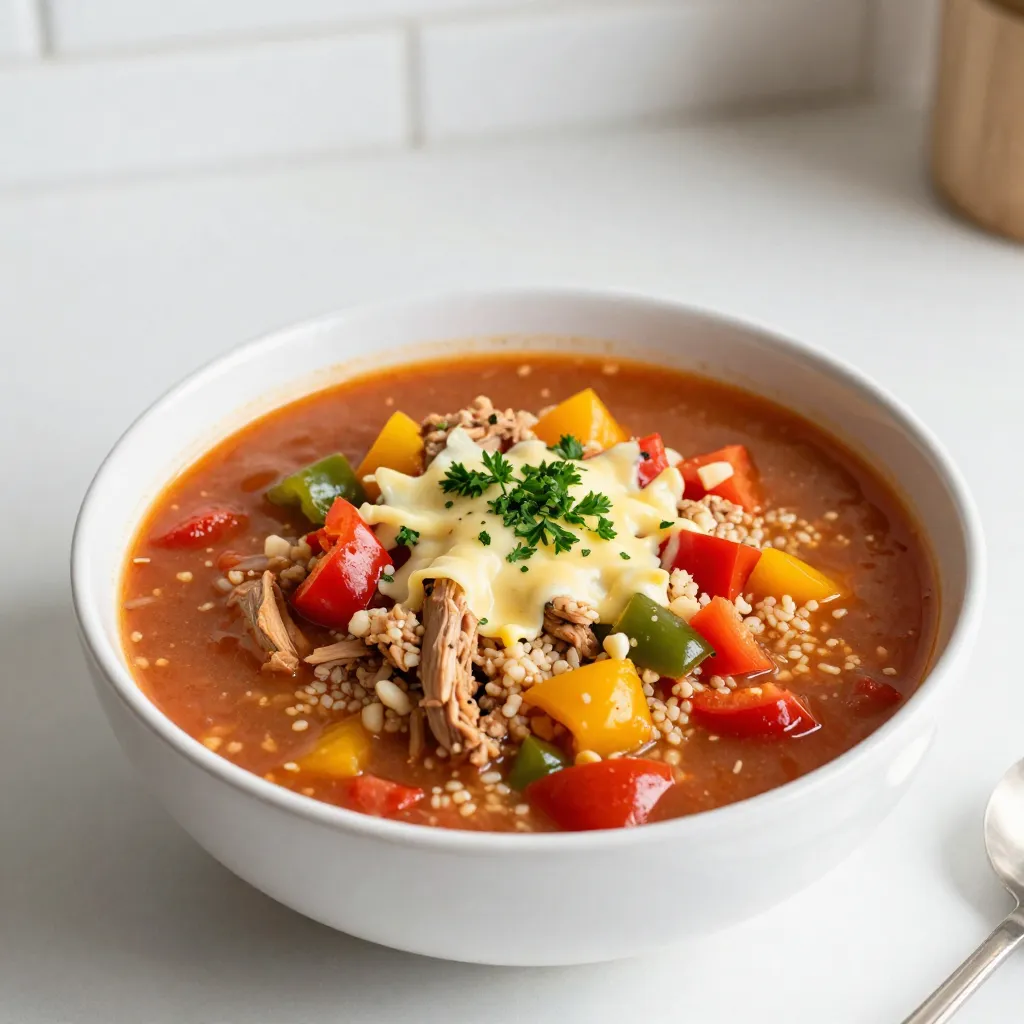 - Ground turkey or beef - Bell peppers - Quinoa or rice - Diced tomatoes - Black beans - Cheese for topping - Fresh herbs for garnish - Italian seasoning - Smoked paprika - Salt and pepper The heart of any great soup is its ingredients. For this stuffed bell pepper soup, I choose ground turkey or beef. Both add rich flavor and protein. You can use either based on your taste. Next, I use diced bell peppers. They bring color and sweetness to the dish. I also add quinoa or rice for texture and heartiness. Quinoa is a great choice for a healthier option. Diced tomatoes add moisture and tang. They give the soup a lovely base. Optional ingredients can elevate your soup. Black beans add more protein and flavor. If you love cheese, sprinkle some on top. Cheddar or mozzarella melts beautifully. Fresh herbs like parsley or cilantro add a light touch. They make the soup look nice and fresh. Seasoning is key for flavor. I use Italian seasoning for warmth and depth. Smoked paprika gives a nice smoky flavor. Salt and pepper enhance all the other tastes. They pull everything together. With these ingredients, you create a flavorful and hearty meal. It&rsquo;s perfect for any night! {{ingredient_image_1}} First, grab a large pot and drizzle some olive oil in it. Heat it over medium heat. Add the chopped onion and let it saut&eacute; for about 3 to 4 minutes. You want it to look soft and clear. Then, add the minced garlic and cook it for one more minute. This will make your kitchen smell amazing! Next, raise the heat to medium-high. Toss in the ground turkey or beef. Cook it until it turns brown, breaking it apart with a spoon as it cooks. If there&rsquo;s extra fat, drain it out to keep your soup light and tasty. Now it's time to make it colorful! Stir in the diced bell peppers. Saut&eacute; them for about 5 minutes until they start to soften. The smell will be fantastic! After this, add the can of diced tomatoes with their juices. Pour in the vegetable or chicken broth too. Next, add in your uncooked quinoa or rice. Sprinkle in the Italian seasoning and smoked paprika. Don't forget to season with salt and pepper as well! Bring everything to a boil and get ready for the next step. Once it&rsquo;s boiling, lower the heat to low. Cover the pot and let it simmer for 20 to 25 minutes. This is when the quinoa or rice cooks fully and soaks up all those great flavors. If you like, add black beans in the last 5 minutes to warm them through. Give the soup a taste and adjust the seasoning if needed. The soup is now ready to be served hot! Top each bowl with shredded cheese and a sprinkle of fresh parsley or cilantro. Enjoy this warm and hearty meal! Browning meat properly is key. Start by heating olive oil in your pot. Add onions, then garlic. Once your onions are clear, raise the heat. Add the ground turkey or beef, breaking it apart. Let it brown well for great flavor. Ensuring veggies are tender is vital too. After browning the meat, toss in diced bell peppers. Saut&eacute; these for five minutes. This softens them and brings out their natural sweetness. Adjusting seasoning can make a big difference. After cooking, taste the soup. If it needs more flavor, add salt and pepper to your liking. You can also try a splash of hot sauce for a kick. Adding herbs is another way to elevate the dish. Fresh parsley or cilantro works wonders. Just sprinkle some on top before serving for a fresh taste. Best garnishes for serving include shredded cheese. Cheddar or mozzarella melts nicely and adds richness. Just sprinkle a generous amount on top before serving. Cheese melting tips are simple. After you ladle the soup into bowls, add cheese. Place the bowls under a broiler for a minute. This melts the cheese perfectly and gives a lovely golden color. Enjoy your delicious, hearty meal! Pro Tips Use Fresh Herbs: Adding fresh parsley or cilantro as a garnish elevates the flavor of the soup and adds a burst of freshness. Customize Your Protein: Feel free to substitute ground turkey or beef with ground chicken or even a plant-based alternative for a healthier or vegetarian option. Make It Spicy: For a kick of heat, add some diced jalape&ntilde;os or a dash of hot sauce while cooking the soup. Leftovers Storage: This soup stores well in the refrigerator for up to 3 days and freezes beautifully for up to 3 months, making it a perfect make-ahead meal. {{image_2}} You can easily adapt this soup to fit different diets. - Vegetarian or vegan options: Use lentils or chickpeas instead of meat. Swap out the broth for vegetable broth to keep it plant-based. You can still enjoy the same flavors with these swaps. - Gluten-free substitutes: If you need a gluten-free meal, use quinoa or rice, as they fit well. Always check that your broth is gluten-free. Want to spice things up? - Spicy version with jalape&ntilde;os: Add diced jalape&ntilde;os when you saut&eacute; the onions. This will give your soup a nice kick. - Different protein options: You can use ground chicken or pork instead of turkey or beef. Each protein adds its own unique taste to the soup. Feel free to switch up some ingredients based on what you have. - Alternative grains: Try using farro or barley instead of quinoa or rice. Both will give your soup a hearty feel. - Other produce choices: If you want more veggies, toss in corn or zucchini. They add color and flavor to your soup. To keep your stuffed bell pepper soup fresh, store it in an airtight container. Let the soup cool down before sealing. This helps keep moisture out. Proper storage lets the flavors meld, making it taste even better. The soup stays good in the fridge for about 3 to 4 days. Always check for any off smells or changes in color before eating. Freezing the soup is a great way to save it for later. Use freezer-safe containers or heavy-duty freezer bags. Leave some space at the top of the container. This allows the soup to expand as it freezes. You can freeze it for up to 3 months. When it's time to enjoy the soup, thaw it overnight in the fridge. This way, it thaws evenly. To reheat your soup, use a pot on the stove for the best results. Heat it over medium heat, stirring occasionally. This keeps the soup from sticking. You can also use a microwave. Just cover the bowl and heat in short bursts, stirring in between. This helps maintain the flavor and texture. If the soup seems thick, add a splash of broth or water while reheating. How can I make this soup ahead of time? You can make this soup a day before. Just follow the recipe and let it cool. Store it in an airtight container in the fridge. The flavors will blend better overnight. When you're ready to eat, heat it on the stove until warm. Can I use leftover stuffed peppers in this recipe? Yes, you can! Chop the leftover stuffed peppers into small pieces. Add them when you mix in the diced tomatoes and broth. This adds great flavor and reduces food waste. What can I use instead of quinoa? If you don&rsquo;t have quinoa, use rice or couscous instead. Both will work well in this soup. You can also try barley for a different texture. Is it okay to omit the meat for a vegetarian version? Absolutely! Just skip the meat and add more veggies. You can use mushrooms or zucchini to keep it hearty. Black beans can also add protein and flavor. What sides pair well with stuffed bell pepper soup? Serve this soup with a simple green salad. A slice of crusty bread also works great. You can even add some cornbread for a comforting touch. How to store leftovers effectively? Cool the soup to room temperature first. Then, place it in a sealed container. It stays fresh in the fridge for about 3 to 4 days. For longer storage, freeze it for up to 3 months. In this post, I covered how to make stuffed bell pepper soup. We explored essential ingredients like ground turkey, quinoa, and diced tomatoes. I shared step-by-step instructions for preparing and cooking the soup. You learned helpful tips for enhancing flavor and improving presentation. Plus, we discussed variations for dietary needs and easy storage methods. Cooking can be fun and flexible. Don&rsquo;t hesitate to adjust the recipe to suit your taste. Enjoy making this warm, comforting soup!