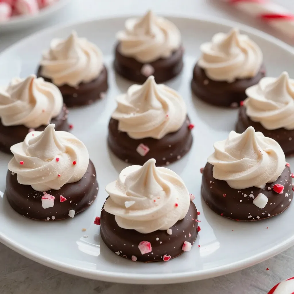 Here’s what you need for the perfect chocolate dipped peppermint meringues: - 4 large egg whites - 1 cup granulated sugar - 1/4 teaspoon cream of tartar - 1/2 teaspoon peppermint extract - 1 cup dark chocolate chips - 1 tablespoon coconut oil (optional) - Crushed peppermint candies (for garnish) Gather these ingredients before you start. Fresh egg whites will whip better. Make sure your bowl is clean and dry for the best results. The peppermint extract will give a nice minty flavor, while the dark chocolate adds a rich touch. If you want smoother chocolate, use the coconut oil. The crushed peppermint candies offer a festive look and a sweet crunch. Enjoy shopping for these items, and let's get cooking! {{ingredient_image_1}} - Preheat the oven to 225°F (110°C). - Line two baking sheets with parchment paper. First, let's get that oven ready. A low heat helps our meringues dry out without browning. Lining the baking sheets is key to prevent sticking. - Beat egg whites until frothy. - Add cream of tartar and beat until soft peaks form. - Gradually add sugar; beat until stiff peaks form. Next, we whip the egg whites. Start with clean, dry equipment for the best results. Beat them on medium speed until they are frothy, like clouds. Then, add the cream of tartar. This helps stabilize the egg whites. Keep beating until you see soft peaks. This means they hold their shape but still droop a little. Slowly add the sugar, one spoon at a time. Beat at high speed until the mixture is shiny and forms stiff peaks. This means the meringue stands tall and proud. - Fold in peppermint extract. - Pipe small meringue kisses onto the baking sheets. - Bake and cool process. Now, gently fold in peppermint extract. This adds that fresh flavor we love. Use a piping bag or a ziplock bag to pipe small meringue kisses. Leave space between each one. This allows them to puff up nicely. Bake them for about 1.5 hours. Check that they are dry and lift off easily from the parchment. Turn off the oven and let them cool inside. This step helps them stay crisp and light. To make great meringues, start with clean tools. Any grease can ruin your egg whites. Use a glass or metal bowl, and make sure it’s dry. Next, watch the temperature and humidity. Meringues love dry air. If it’s humid, it may take longer to bake. Melting chocolate is easy if you do it right. You can use a microwave or a double boiler. For the microwave, heat in short bursts. Stir every 20 seconds until smooth. If you want a silkier texture, add one tablespoon of coconut oil. It helps the chocolate dip look glossy. When your chocolate is ready, dip the meringues. Right after dipping, sprinkle crushed peppermint on top. This adds color and flavor. If you want a twist, try using colored sugar or sprinkles. You can also drizzle extra melted chocolate for a fun design. Pro Tips Use Room Temperature Egg Whites: Make sure your egg whites are at room temperature for better volume and stability when whipping. Don’t Rush the Baking: Allow the meringues to dry completely in the oven with the door slightly ajar after baking to prevent cracking. Customize the Flavors: Experiment with different extracts like vanilla or almond in addition to peppermint for a unique twist on the classic meringue. Storage Tips: Store the meringues in an airtight container at room temperature to keep them crisp and fresh for a longer time. {{image_2}} You can change the flavors of your meringues easily. Try using different extracts like vanilla or almond. These will give your meringues a unique taste. You can also add food coloring. A few drops can make your treats more festive. Use red or green for the holidays. This small change brightens up your treat table. Choosing the right chocolate can change your meringue experience. You can use milk chocolate for a sweeter taste. Dark chocolate gives a richer flavor that pairs well with peppermint. If you want to switch it up, try white chocolate. It adds a creamy touch. You can also top your meringues with toppings like sprinkles or more crushed peppermint. This adds texture and makes them look even better. If you have dietary needs, you can still enjoy these meringues. They are naturally gluten-free, so that's easy. For a dairy-free option, pick dairy-free chocolate. You can also make them low-sugar. Use sugar substitutes that fit your taste. This way, everyone can enjoy these festive treats! To keep your chocolate dipped peppermint meringues fresh, store them in an airtight container. This helps prevent moisture from ruining their crisp texture. Place parchment paper between layers if you stack them. This keeps them from sticking together. Store the container in a cool, dry place. Avoid direct sunlight and humidity, as these can make meringues soft and chewy. If you live in a humid area, a fridge might seem like a good idea, but it can ruin the texture. Meringues can last for about two weeks at room temperature. Just ensure they stay in that airtight container. If you want to keep them longer, freezing is a great option. To freeze, place meringues on a baking sheet first. Freeze them for about an hour until they are firm. Then, transfer them to a freezer-safe container. They can last up to three months in the freezer. When you want to enjoy them, let them thaw at room temperature. Yes, you can use egg substitutes! Common options for egg-free meringue include aquafaba, which is the liquid from canned chickpeas. Use 3 tablespoons of aquafaba for each egg white. Another option is commercial egg replacers, which you can find in stores. Just follow the package instructions to get the right amount. To tell if meringues are done, look for a few signs. They should be dry on the outside and lift easily off the parchment paper. The meringues should feel light and airy. If they are still soft or sticky, they need more time in the oven. Remember to let them cool in the oven to finish the drying process. If your meringues run flat, it may be due to a few reasons. First, check if your mixing bowl and whisk are clean. Any grease can prevent the egg whites from whipping properly. Make sure you beat the egg whites until stiff peaks form. If they still run flat, try adding a bit more sugar to stabilize the mixture. This article outlined how to make perfect meringues. You learned about the key ingredients, step-by-step instructions, and helpful tips. I shared variations to spark your creativity and ideas for storage. Whether you choose chocolate or flavored meringues, the process is fun and rewarding. Remember, clean tools and practice make a big difference. Now, you can impress others with these sweet treats. Enjoy making your delicious meringues!