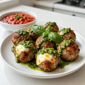 - 1 pound ground beef - 1 cup breadcrumbs - 1/4 cup grated Parmesan cheese - 1/4 cup fresh basil, chopped - 1 egg - 1 teaspoon garlic powder - 1 teaspoon onion powder - Salt and pepper to taste - 1 cup basil pesto - 1 cup small mozzarella balls (bocconcini) - Olive oil for frying - 1 jar marinara sauce - 1/2 pound ground pork - Large mixing bowl - Skillet - Spoon or spatula - Measuring cups and spoons - Baking sheet (for cooling) - Serving plate Gather these ingredients and tools before you start. This way, you keep the cooking process smooth. The required ingredients create a classic flavor. The optional ground pork adds richness. Use fresh basil for the best taste. Mozzarella balls give that gooey surprise inside each meatball. Olive oil helps achieve a perfect golden crust. {{ingredient_image_1}} To start, grab a large mixing bowl. In this bowl, combine 1 pound of ground beef and, if you want, 1/2 pound of ground pork. Add 1 cup of breadcrumbs, 1/4 cup of grated Parmesan cheese, and 1/4 cup of chopped fresh basil. Next, crack in 1 egg, then sprinkle in 1 teaspoon of garlic powder and 1 teaspoon of onion powder. Season with salt and pepper to taste. Mix everything gently but well. You want it combined, not overworked. Now, take about a tablespoon of your meat mixture. Flatten it in your palm. Place a small mozzarella ball in the center. Wrap the meat around it, sealing it completely. It should look like a little ball. Repeat this process until you use all the meat mixture. You should end up with about 12 to 15 meatballs. Each one is a tasty surprise! Next, heat some olive oil in a large skillet over medium heat. Once the oil is hot, carefully add the stuffed meatballs. Make sure not to overcrowd the pan. Cook them for about 8 to 10 minutes, turning them occasionally. You want them browned on all sides. After they&rsquo;re browned, transfer the meatballs to a saucepan with warmed marinara sauce. Let them simmer for 10 more minutes. This helps all the flavors mix and the cheese melts just right. Serve them hot, and enjoy! To make the best meatballs, you need the right mix. Start with equal parts ground beef and pork for great flavor. If you skip the pork, use all beef. Adding breadcrumbs helps keep the meatballs soft. Mix in grated Parmesan and fresh basil for extra taste. Don't overmix the meat; just combine until it&rsquo;s smooth. Use your hands to form meatballs. Take about a tablespoon of mixture and flatten it in your palm. Place a mozzarella ball in the center and wrap the meat around it. Seal it well to avoid leaks. Aim for a smooth surface for even cooking. When cooking, heat the olive oil until it shimmers. This shows it's hot enough. Fry the meatballs in batches. If you overcrowd the pan, they won&rsquo;t brown well. Cook them until they are crispy on the outside. Let them simmer in the marinara sauce to soak up more flavor. One common mistake is overmixing the meat. This makes tough meatballs. Another mistake is not sealing the mozzarella inside. If you do not seal them well, the cheese can leak out while cooking. Watch the heat closely. Cooking on too high heat can burn the outside while leaving the inside raw. Use medium heat for best results. Also, avoid skipping the simmering step. This helps the meatballs stay moist and lets the flavors meld. For a beautiful presentation, use a large serving plate. Arrange the meatballs in a circle or in a pile. Drizzle some olive oil over them for shine. Garnish with fresh basil leaves for color. You can also drizzle extra pesto on top for a pop of green. Serve with marinara sauce on the side for dipping. Pair the meatballs with spaghetti or a fresh salad for a complete meal. Consider adding garlic bread to make it even more special. Pro Tips Use Fresh Ingredients: Always opt for fresh basil and high-quality mozzarella for the best flavor and texture in your meatballs. Don&rsquo;t Overmix the Meat: Mixing the meat too much can result in tough meatballs. Combine just until ingredients are evenly incorporated. Control the Heat: Cooking the meatballs over medium heat allows them to brown properly without burning. Turn them gently to ensure even cooking. Freeze for Later: You can freeze uncooked meatballs for up to three months. Just thaw and cook when you're ready for a quick meal. {{image_2}} You can use different meats for your meatballs. Ground turkey or chicken works well. These options make the dish lighter. If you want a richer flavor, use ground lamb. You can mix meats too. For example, combine beef and pork. This gives you a tasty blend of flavors. If you need a gluten-free meal, swap breadcrumbs for gluten-free ones. You can use almond flour too. It gives a nice texture without gluten. For low-carb options, try using grated zucchini. This keeps the meatballs moist while cutting carbs. You can also serve them with cauliflower rice instead of pasta. Serve your meatballs in fun ways. Try them in a sub sandwich with marinara and cheese. This makes a great meatball sandwich! You can also top them on a salad for a fresh meal. For an Italian twist, pair them with polenta. Drizzle extra pesto on top for added flavor. These ideas keep each meal exciting and new! After your tasty meal, let the meatballs cool down. Place them in an airtight container. This keeps them fresh. If you have sauce, store it separately. You can keep leftovers in the fridge for up to three days. To heat them up, choose the oven or the microwave. For the oven, preheat it to 350&deg;F. Place meatballs on a baking sheet and cover them with foil. Heat for about 15 minutes. If using a microwave, put a few on a plate. Heat for 1-2 minutes, checking to avoid overcooking. Freezing is a great option for meal prep. First, let the meatballs cool completely. Place them in a single layer on a baking sheet. Freeze for about 1-2 hours until firm. Then, transfer them to a freezer bag. Remove as much air as possible. They can last for up to three months in the freezer. Yes, you can make the meatballs ahead of time. Once formed, place them on a tray. Cover them with plastic wrap and store them in the fridge for up to 24 hours. This way, you can save time when you are ready to cook. You can use ground turkey, chicken, or even plant-based meat. These options work well and keep the meatballs tasty. Choose what suits your diet best. Just keep the same amount for the recipe. Check the meatballs for a golden-brown color. They should cook for about 8-10 minutes in the skillet. You can also cut one in half. The inside should be no longer pink. If you have a meat thermometer, the center should reach 165&deg;F. You&rsquo;ve learned how to make tasty stuffed meatballs from scratch. We covered key ingredients, helpful tools, and steps for prepping and cooking. Tips and tricks can help you avoid common mistakes. You&rsquo;ll also enjoy fun variations and storage tips for leftovers. Remember, cooking is fun and creative. Don&rsquo;t be afraid to tweak recipes and make them your own. With practice, you&rsquo;ll master perfect meatballs every time. Enjoy sharing your delicious creations with family and friends!