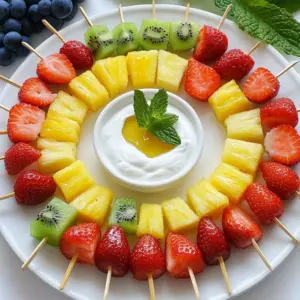For the Rainbow Fruit Kabobs, you need a mix of fruits that look vibrant and taste great. Here is what you'll need: - 1 cup strawberries, hulled and halved - 1 cup pineapple, cubed - 1 cup kiwi, peeled and sliced - 1 cup blueberries - 1 cup green grapes - 1 cup watermelon, cubed These fruits bring bright colors and flavors to your kabobs. You can mix and match based on what you like or have on hand. For the yogurt dip, gather these simple ingredients: - 1 cup plain Greek yogurt - 2 tablespoons honey - 1 teaspoon vanilla extract This dip adds a creamy touch to your kabobs. It balances the sweet fruit perfectly. You can also add optional garnishes to enhance your dish: - Fresh mint leaves for garnish (optional) These mint leaves not only add color but also a refreshing taste. They make your kabobs look even more appealing on the plate. {{ingredient_image_1}} Start by washing all your fruit. Rinse strawberries, grapes, and blueberries under cold water. For larger fruits like pineapple, kiwi, and watermelon, peel them carefully. Cut them into bite-sized pieces. Aim for similar sizes to help with even threading on skewers. - Strawberries: Hulled and halved. - Pineapple: Cut into 1-inch cubes. - Kiwi: Peeled and sliced into rounds. - Blueberries: Keep whole. - Green grapes: Leave them whole. - Watermelon: Cut into 1-inch cubes. To keep your fruit fresh, store it in the fridge. Use airtight containers to avoid browning. In a small bowl, whisk together the plain Greek yogurt, honey, and vanilla extract. Mix until smooth. This dip should be creamy but not too thick. Taste it to adjust sweetness. - For a thicker dip, add more yogurt. - For a sweeter dip, add more honey. Grab a skewer and start threading the fruit. Aim for a colorful pattern. A fun order might be strawberry, pineapple, kiwi, blueberry, grape, and watermelon. Fill each skewer with about 5-6 pieces of fruit. Make sure to press the fruit gently to keep it secure. Balance your skewer by alternating heavier and lighter fruits. This keeps the kabob from tipping. Once you finish, arrange the kabobs on a platter. Serve the yogurt dip in a small bowl on the side. Enjoy the vibrant colors and fresh flavors! - Arrange your kabobs in a rainbow pattern. This makes them fun to look at. - Use a large white platter for a clean and bright display. - Add some fresh mint leaves around the kabobs. This adds color and freshness. - For extra flair, try using colorful skewers. They can brighten up the dish. - To change the taste, add a splash of lemon juice. It gives a nice zing. - Try using maple syrup instead of honey. It adds a unique flavor. - You can mix in cinnamon or nutmeg for warmth. These spices can enhance the dip. - For a fruity twist, add a few mashed berries to your yogurt. It adds flavor and fun colors. Pro Tips Choose Ripe Fruits: Selecting ripe and seasonal fruits will enhance the flavor and sweetness of your kabobs. Soak Wooden Skewers: If using wooden skewers, soak them in water for at least 30 minutes to prevent burning on the grill. Mix Up the Patterns: Get creative with the arrangement of your fruits for a visually appealing presentation that excites the palate. Chill Before Serving: Refrigerate the kabobs for a short time before serving for a refreshing, cool treat, especially on warm days. {{image_2}} You can switch up the fruits based on what you like or what&rsquo;s in season. Here are some tasty ideas: - Seasonal Fruits: Try peaches in summer or apples in fall. Cherries and figs are great in late spring. - Berries and Melons: Mix strawberries, raspberries, and blueberries for a berry burst. Add cantaloupe or honeydew for a refreshing melon twist. - Favorite Fruits: Use your go-to fruits. If you love mango, replace pineapple with it. If you enjoy bananas, cut them into slices and add them in. The yogurt dip is just the start. You can try many other dips: - Yogurt Dip Variations: Use flavored yogurts like strawberry or coconut for a fun twist. You can mix in spices or zest for more taste. - Other Dips: Hummus works well with fruit too. You can also try whipped cream or cream cheese for a sweeter option. - Nut Butter Options: Peanut butter or almond butter adds a nutty flavor. For a treat, dip the fruit in chocolate sauce instead. These variations make your Rainbow Fruit Kabobs fun and exciting for any gathering. To keep your rainbow fruit kabobs fresh, store them in a container with a lid. This helps prevent air from drying out the fruit. Place a damp paper towel in the container to maintain moisture. Refrigerate the kabobs right after serving. They last about 2 to 3 days in the fridge. The yogurt dip needs a separate container. It can also stay fresh for about 3 to 5 days. You can make kabobs in advance, but avoid adding the yogurt dip until serving. This keeps the fruit crisp and prevents sogginess. You can prepare the yogurt dip ahead of time. Just mix the Greek yogurt, honey, and vanilla extract, and store it in the fridge. For storage, use airtight containers. Glass or plastic containers both work well. This keeps everything fresh and ready for when you want to serve. Yes, you can use frozen fruit for kabobs. However, fresh fruit often tastes better. Frozen fruit can be watery and soft. If you choose to use frozen fruit, thaw it first. Pat it dry with a paper towel. This helps keep your kabobs from becoming soggy. You can also use frozen fruit for smoothies or desserts. Just remember, the taste and texture may differ from fresh fruit. Rainbow fruit kabobs stay fresh for about 24 hours in the fridge. After that, they may get mushy or lose flavor. Factors that affect freshness include the type of fruit and how you store them. Store kabobs in an airtight container to keep them fresh longer. If you notice any fruit getting brown or mushy, it&rsquo;s best to eat it quickly. You can use many fruits for kabobs! Try bananas, peaches, or mangoes. Grapefruit and cherries also add fun flavors. When choosing fruit, think about the texture. Softer fruits can break apart easily on skewers. Mixing sweet and tart fruits can create a delightful taste. Always cut fruits into similar sizes for even cooking and easy eating. You learned how to create fun and tasty fruit kabobs. We covered the right fruits, yogurt dip, and how to make everything look great. Remember, you can mix fruits and dips to keep it exciting. Store leftovers carefully to enjoy later. Fruit kabobs make a healthy snack or treat for any occasion. With these tips, you can impress guests or enjoy them on your own. Enjoy making your colorful kabobs!