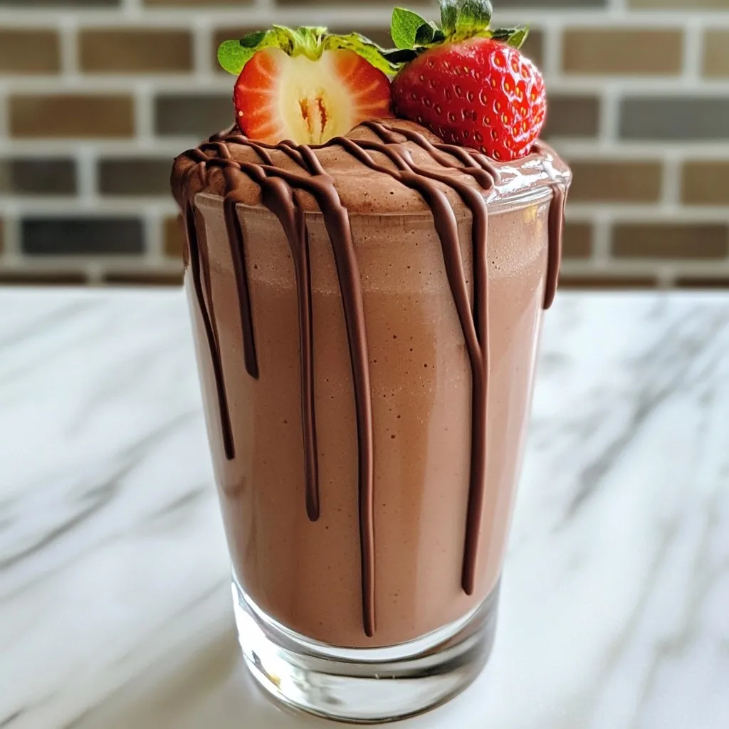 To make your own Chocolate Covered Strawberry Smoothie, gather these items: - 1 cup fresh strawberries, hulled - 1 banana, frozen - 1 cup milk (dairy or non-dairy) - 2 tablespoons cocoa powder - 1 tablespoon honey or maple syrup (adjust for sweetness) - 1/2 teaspoon vanilla extract - 1/4 cup Greek yogurt (optional for creaminess) - Handful of ice cubes These ingredients blend together to create a rich, tasty drink. You can add a few extras to make your smoothie even better. These options include: - Spinach for a healthy boost - Peanut butter for a nutty taste - Protein powder to add nutrition - Coconut milk for a tropical twist These ingredients can enhance both flavor and nutrition. If you have special dietary needs, there are easy swaps you can make: - Use almond milk or oat milk instead of regular milk. - Swap honey for agave syrup or a sugar-free sweetener. - Replace Greek yogurt with a dairy-free yogurt for vegan options. These substitutions keep your smoothie delicious while fitting your diet. {{ingredient_image_1}} To start, wash the fresh strawberries under cold water. Pat them dry with a clean towel. Next, hull the strawberries by removing the green tops. This step is key for a smooth taste. Now, take a frozen banana from your freezer. This adds a nice creaminess and chill to the smoothie. You can also use fresh bananas, but frozen works best for texture. Gather your other ingredients. You'll need milk, cocoa powder, honey or maple syrup, vanilla extract, and Greek yogurt. If you want a creamier smoothie, add the yogurt. In your blender, combine the strawberries, frozen banana, milk, cocoa powder, and vanilla extract. If you're using Greek yogurt, add it now. Blend on high speed. Watch as it transforms into a thick, creamy delight. Keep blending until there are no chunks of fruit left. This may take about 30 seconds. If the smoothie is too thick, add a splash more milk. Then, toss in a handful of ice cubes. Blend again until you reach the thickness you want. Taste the smoothie. If it needs more sweetness, add honey or maple syrup. Blend for a few more seconds to mix it in. Pour the smoothie into chilled glasses. This keeps it cold and refreshing. For a fun touch, garnish with a whole strawberry on the rim of each glass. You can also drizzle some melted chocolate over the top. This adds a lovely finish and highlights the chocolate-covered theme. Enjoy your creamy delight right away for the best flavor and texture! To find the best strawberries, look for bright red ones. They should be firm, not mushy. Check for a sweet smell; this means they are ripe. Avoid berries with green or yellow spots. If you can, buy organic strawberries to avoid pesticides. Fresh strawberries work best in your smoothie, giving it that vibrant taste. If you want a sweeter smoothie, add more honey or maple syrup. Start with the tablespoon and taste it. You can always add more. For a thicker texture, include a bit more Greek yogurt. If you like it thinner, pour in more milk. Remember, blending is key. Blend until smooth for that perfect creamy delight. You can prep your ingredients the night before. Wash and hull the strawberries, then store them in the fridge. Freeze the banana slices for easy blending. Measure out the cocoa powder and sweetener, too. This way, in the morning, you can blend your smoothie in minutes. It’s a quick and tasty breakfast option! Pro Tips Use Ripe Strawberries: Choose ripe, sweet strawberries for the best flavor. The sweetness of the strawberries will enhance the overall taste of the smoothie. Frozen Banana for Creaminess: Using a frozen banana not only adds natural sweetness but also gives the smoothie a creamy texture without the need for ice cream. Adjust Cocoa Powder: Feel free to adjust the amount of cocoa powder based on your chocolate preference. For a richer chocolate flavor, add an extra tablespoon. Chill Your Glasses: For a refreshing experience, chill your glasses in the freezer for a few minutes before pouring in the smoothie. It keeps your drink colder for longer! {{image_2}} You can easily make this smoothie dairy-free. Simply swap regular milk for almond, oat, or coconut milk. Use maple syrup instead of honey for sweetness. This keeps the smooth and rich taste while being vegan-friendly. Want to supercharge your smoothie? Add a tablespoon of chia seeds or flaxseeds. These tiny seeds pack a lot of fiber and omega-3 fatty acids. You can also toss in a handful of spinach for extra vitamins. The taste remains delicious, and you boost your health. Feel free to mix in other fruits! Blueberries add a nice touch of sweetness. Raspberries can bring a tart flavor that balances the chocolate well. For a twist, add a scoop of peanut butter or almond butter. This will give your smoothie a nutty taste and creaminess. Enjoy experimenting to find your favorite combo! To keep your Chocolate Covered Strawberry Smoothie fresh, store it in an airtight container. Glass jars work great. Fill the jar to the top to limit air exposure. This helps keep the smoothie from turning brown. Store it in the fridge and drink it within 24 hours. If you see any separation, just give it a quick shake before drinking. Freezing smoothie ingredients is simple and smart. First, wash and hull your strawberries. Then, slice them and spread them on a baking sheet in a single layer. Freeze them for about two hours until they are solid. After that, place them in a freezer bag or container. You can also freeze banana slices in the same way. This lets you make smoothies any time you want. When you want to enjoy your frozen smoothie, pull it from the freezer. If it's too thick, add a little milk to your blender. Blend until smooth. You can also let it sit out for about 10 minutes to soften. This makes blending easier. If you have leftovers from a smoothie, pour them into ice cube trays. Freeze them and use these cubes in future smoothies for extra flavor. Yes, you can use frozen strawberries. They will make your smoothie cold and thick. Just remember to adjust your ice cubes. If you use all frozen fruit, you may not need ice. Frozen strawberries also keep well, so they are a great option. They blend well and still taste delicious. You can replace honey with maple syrup or agave nectar. Both options work well and keep the sweetness. Use the same amount as honey to keep the flavor balanced. This way, you can enjoy a tasty smoothie while keeping it vegan. You can store your smoothie in the fridge for up to 24 hours. Keep it in a sealed container to maintain freshness. If it separates, just shake it well before drinking. For longer storage, freeze it in an ice cube tray. This way, you can enjoy it later as a chilled treat. This blog post shows you how to make a tasty chocolate covered strawberry smoothie. We covered the key ingredients and optional extras to boost flavor. You learned smart tips for choosing fresh strawberries and adjusting sweetness. I also shared easy ways to prep ahead and store your smoothie. Try out variations, like dairy-free options or adding superfoods. Enjoy your smoothie now or save some for later. With these steps, you’ll make a delicious drink that suits your taste and needs. Happy blending!