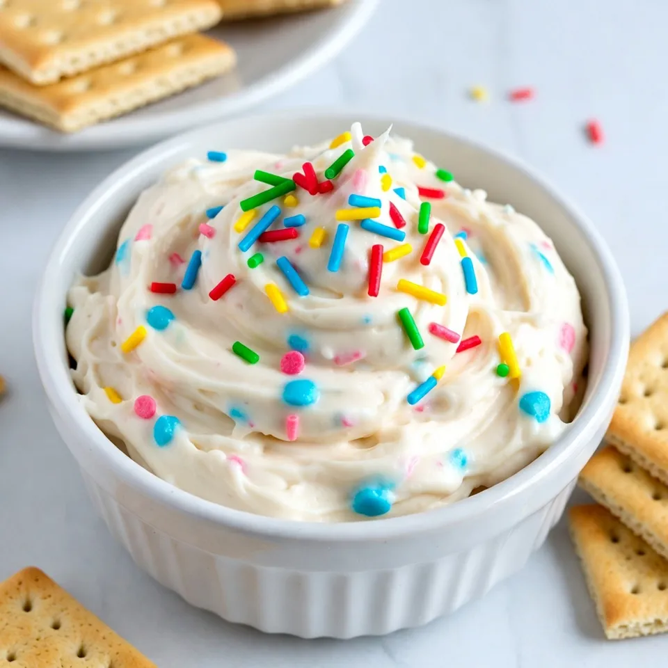 To make the Funfetti Cake Batter Dip, you need a few simple ingredients. Each one adds to the fun and flavor. Here’s what you will need: - 1 cup vanilla cake mix (dry, not prepared) - 1 cup Greek yogurt (plain or vanilla) - 1/2 cup whipped cream cheese (softened) - 1/4 cup powdered sugar - 1/4 cup sprinkles (plus extra for garnish) - 1 teaspoon vanilla extract - A pinch of salt Each ingredient plays a key role in creating the dip's creamy texture and sweet taste. The cake mix gives that classic flavor, while Greek yogurt adds a nice tang. The whipped cream cheese makes it extra smooth, and the powdered sugar adds sweetness. Don't forget the sprinkles! They make the dip look festive and fun. You can customize this dip with different flavors or mix-ins. Just remember to keep the base ingredients for the best results. Enjoy the process and have fun with this sweet treat! {{ingredient_image_1}} - Step 1: Start by taking a large mixing bowl. Combine 1 cup of dry vanilla cake mix, 1 cup of Greek yogurt, and 1/2 cup of softened whipped cream cheese. Make sure to mix them well. This will create a smooth base for your dip. - Step 2: Use a hand mixer to blend the mixture. Beat it on medium speed until it becomes smooth and creamy. Don't forget to scrape down the sides of the bowl. This helps to mix everything evenly. - Step 3: Gradually add 1/4 cup of powdered sugar to the bowl. Keep mixing until the sugar is fully blended in. The dip should feel light and fluffy at this point. - Step 4: Next, add 1 teaspoon of vanilla extract and a pinch of salt. This will boost the flavor of your dip. Mix again until everything is well combined. - Step 5: Now, gently fold in 1/4 cup of sprinkles. Be careful not to overmix. You want those colorful bits to stay bright and cheerful in the dip. - Step 6: Finally, transfer your dip to a serving bowl. Top it off with some extra sprinkles for a fun look. Now, your Funfetti Cake Batter Dip is ready to serve! Enjoy it with graham crackers, fresh fruit, or pretzels. To avoid lumps in your Funfetti cake batter dip, start with a good mix. Use a large bowl and sift the dry cake mix first. This helps break up any clumps. When you add the Greek yogurt and cream cheese, make sure they are softened. Cold ingredients can cause lumps. For ideal mixing techniques, grab a hand mixer. Beat the mixture on medium speed. This makes it smooth and creamy. Don’t forget to scrape the bowl's sides. This ensures all ingredients blend well. If you want a fluffier dip, mix in the powdered sugar gradually. You can get creative with this dip! Try adding different mix-ins like chocolate chips or nuts. You could even use a different type of yogurt, like coconut yogurt, for a fun twist. If you want to make it dairy-free, swap the Greek yogurt and cream cheese for dairy-free versions. There are many tasty options available now. You can use almond cream cheese and dairy-free yogurt. This way, everyone can enjoy the fun! Pro Tips Chill the Dip: For an even creamier texture, refrigerate the dip for at least 30 minutes before serving. This allows the flavors to meld beautifully. Choose the Right Yogurt: Greek yogurt adds protein and creaminess. If you prefer a lighter version, opt for regular yogurt but keep in mind it may alter the final texture slightly. Customize Your Sprinkles: Use themed sprinkles for holidays or celebrations to make your dip extra festive and fun! Serving Suggestions: While graham crackers are classic, try serving the dip with fruit skewers or pretzel bites for a delightful sweet and salty combination. {{image_2}} You can change up your Funfetti cake batter dip for a fun twist. One great option is chocolate funfetti dip. Just swap half of the vanilla cake mix for chocolate cake mix. This gives you a rich, chocolatey flavor that pairs well with the sprinkles. You can also try seasonal variations. For example, during holidays, use themed sprinkles. Red and green sprinkles for Christmas, or pastel sprinkles for Easter add a festive touch. This makes your dip not only tasty but also pretty for any gathering. Choosing the right dippers can make your dip even better. I recommend using graham crackers for a sweet crunch. Fresh fruits like strawberries and apple slices add a nice freshness. Pretzels give a salty contrast that balances the sweetness well. For parties, think outside the box. Try serving the dip in cute cups. You can place a mini spoon in each one. This makes it easy for guests to grab and enjoy. You can also create a fun dip bar. Set out different dippers and let everyone mix and match. This interactive idea brings everyone together for a delicious time! To keep your Funfetti Cake Batter Dip fresh, store it in the fridge. Use an airtight container. This helps keep it creamy and tasty. You can store it for up to five days. If you want to freeze it, place the dip in a freezer-safe container. Leave some space at the top for expansion. When you're ready to enjoy it again, thaw it in the fridge overnight. Once thawed, stir it well before serving. Funfetti Cake Batter Dip stays fresh for about five days in the fridge. If you freeze it, the dip can last up to three months. After thawing, consume it within a week for best flavor. Always check for any off smell or changes in texture before eating. This ensures you enjoy your sweet treat safely. Can I make this dip ahead of time? Yes, you can make this dip ahead of time. Store it in the fridge. This helps the flavors mix well. Just cover it tightly with plastic wrap. Serve it chilled, and it will taste great! What should I use for dipping? You can use many things for dipping. I love graham crackers, fresh fruit, or pretzels. You can also try cookies or even rice cakes. Choose what you enjoy most! How can I adjust sweetness levels? To adjust sweetness, you can add less powdered sugar. Taste the dip as you go. If it’s too sweet, add more Greek yogurt. This keeps the dip tasty without the extra sugar. What to do if the dip is too thick? If your dip is too thick, add a bit of milk. Start with one teaspoon at a time. Mix well until it reaches your desired consistency. This keeps it creamy and easy to dip. How to fix an overly sweet dip? If the dip is too sweet, add a pinch of salt. This helps balance the flavors. You can also mix in more plain yogurt. This adds creaminess and cuts the sweetness. This funfetti cake batter dip is easy to make and full of flavor. We covered the simple ingredients and laid out the step-by-step process for perfect results. Remember, you can customize it with different flavors and best dippers for your parties. Store it properly to enjoy it longer. With these tips, you can impress your guests and satisfy your sweet tooth. Try making this tasty dip today and have fun with it!