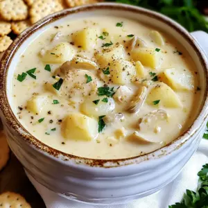 - 4 strips bacon, diced (optional for extra flavor) - 1 medium onion, chopped - 2 celery stalks, diced - 2 medium potatoes, peeled and diced - 3 cups clam juice - 1 can (10 oz) diced clams, drained (reserve juice) - 1 cup heavy cream - 2 tablespoons all-purpose flour - 2 tablespoons butter - 1 teaspoon dried thyme - Salt and pepper to taste - Fresh parsley, chopped (for garnish) The main ingredients in clam chowder create a rich and creamy dish. The clams provide that ocean flavor, while the clam juice adds depth. Onions and celery bring freshness and texture. Potatoes make the chowder hearty. Thyme gives it a warm aroma. - Bacon and its role in flavor enhancement - Replacement options for cream (e.g., alternatives for a lighter chowder) Bacon adds a savory touch. It brings a nice crunch and a smoky flavor. If you want a lighter chowder, you can skip the cream. You can use milk or a plant-based cream instead. These options keep the chowder tasty but less heavy. - Gluten-free flour alternatives - Dairy-free options for cream If you need a gluten-free chowder, use rice flour or almond flour. Both work well to thicken the soup. For a dairy-free version, try coconut milk or cashew cream. These options will keep your chowder creamy without dairy. {{ingredient_image_1}} 1. If you use bacon, cook it in a large pot over medium heat. Wait until it is crispy. 2. Remove the bacon and set it aside. Keep the drippings in the pot. 3. Add butter to the drippings. Let it melt, then add the chopped onion and celery. 4. Saut&eacute; the onion and celery for about five minutes. Wait until the onions turn translucent. 5. Sprinkle flour over the saut&eacute;ed veggies. Stir it for two minutes to make a roux. 1. Gradually add clam juice to the pot while stirring. Bring it to a boil. 2. When the mixture boils, add the diced potatoes and thyme. 3. Reduce the heat to a simmer. Cook for about 15 minutes or until the potatoes are tender. 4. Stir in the reserved clam juice and diced clams. Add heavy cream and heat for five more minutes. 1. Taste the chowder and adjust the salt and pepper as needed. 2. Let the chowder sit for a few minutes to thicken. 3. For serving, use warm bowls. Garnish with fresh parsley and black pepper. 4. Add oyster crackers or soft bread on the side for a rustic touch. Bacon drippings add depth to your chowder. The fat carries flavor and richness. If you skip the bacon, use butter. You can always adjust the seasonings too. Taste as you cook. You might prefer more salt or pepper. Fresh herbs can also brighten the dish. To thicken chowder naturally, let it simmer longer. The potatoes break down and create a creamy base. You can mash a few potatoes with a fork for extra thickness. To avoid lumps, stir the flour in slowly. Mix it well with the vegetables before adding liquid. This creates a smooth texture. Prepare clams by rinsing them well. If using fresh clams, steam them open and add them last. Timing is key when cooking. Add potatoes early to ensure they cook through. Stir in the clams and cream at the end. This keeps everything tender and juicy. Pro Tips Use Fresh Clams: For an authentic flavor, consider using fresh clams instead of canned. They will enhance the chowder's taste and texture. Adjust Creaminess: If you prefer a lighter chowder, you can substitute half-and-half for some of the heavy cream without sacrificing too much richness. Let It Rest: Allowing the chowder to sit for a few minutes after cooking helps it thicken and meld the flavors together beautifully. Garnish Creatively: Elevate presentation by garnishing with crispy bacon bits, a drizzle of olive oil, or a sprinkle of smoked paprika for added depth. {{image_2}} To make clam chowder gluten-free, you can use alternatives like rice flour or cornstarch. These options help keep the texture creamy without gluten. When cooking, always check for cross-contamination. Use clean pots and utensils to avoid gluten from other foods. This is key for those with gluten allergies. For a vegan version, consider using jackfruit or artichokes as clam substitutes. These plant-based options mimic the texture of clams well. For cream, coconut milk works great. It adds a rich, creamy taste without dairy. You can also use cashew cream for a nutty flavor. Both options keep the chowder rich and satisfying. If you want to lower calories, try using skim milk instead of heavy cream. This change cuts fat but keeps a nice taste. You can also reduce the amount of bacon or leave it out entirely. Adjusting portion sizes helps too. Serve smaller bowls if you want to enjoy this dish while watching your calorie intake. To keep your chowder fresh, use airtight containers. Glass or plastic containers work well. If you want to freeze it, make sure to leave space at the top. The chowder will expand as it freezes. Refrigeration is best for short-term storage. Store it in the fridge for up to three days. For long-term, freezing is the way to go. When reheating chowder, use a pot on low heat. Stir it often to avoid burning. You can also use a microwave. If you do, heat it in short bursts. Add a splash of cream or clam juice to keep it creamy. This helps maintain the texture and flavor. Avoid boiling the chowder again, as this can change its taste. Homemade clam chowder lasts about three days in the fridge. If frozen, it can last up to three months. Always check for signs of spoilage. If it smells off or has strange colors, toss it. It&rsquo;s better to be safe than sorry! New England Clam Chowder is creamy and rich. It uses milk or cream as a base. Manhattan Clam Chowder is broth-based and has tomatoes. The main ingredients vary too. New England chowder often has potatoes, while Manhattan uses more vegetables. New England is popular in the Northeast, while Manhattan is loved in New York. Each has its fans, but they are quite different. Yes, you can use fresh clams! Some great types are littleneck or cherrystone clams. To prepare fresh clams, soak them in water. This helps remove any sand. Steam them until they open, then extract the meat. You can chop them and add them to your chowder. Just be sure to reserve the clam juice for extra flavor. Homemade chowder is often much better than store-bought. It tastes fresher and has more flavor. You control the ingredients, so you can adjust to your taste. Store-bought chowder can have preservatives and less fresh seafood. Making it from scratch is fun and rewarding. Plus, you can share it with family and friends. After exploring clam chowder's ingredients, preparation steps, and variations, you now have the tools to create your own delicious chowder. Remember to adjust flavors to your taste and try different ingredient swaps based on your needs. Homemade clam chowder often tastes better than store-bought, thanks to fresh ingredients and personal touch. Whether you go gluten-free or vegan, enjoy experimenting in the kitchen. Your chowder can be unique, tasty, and satisfying. Happy cooking!