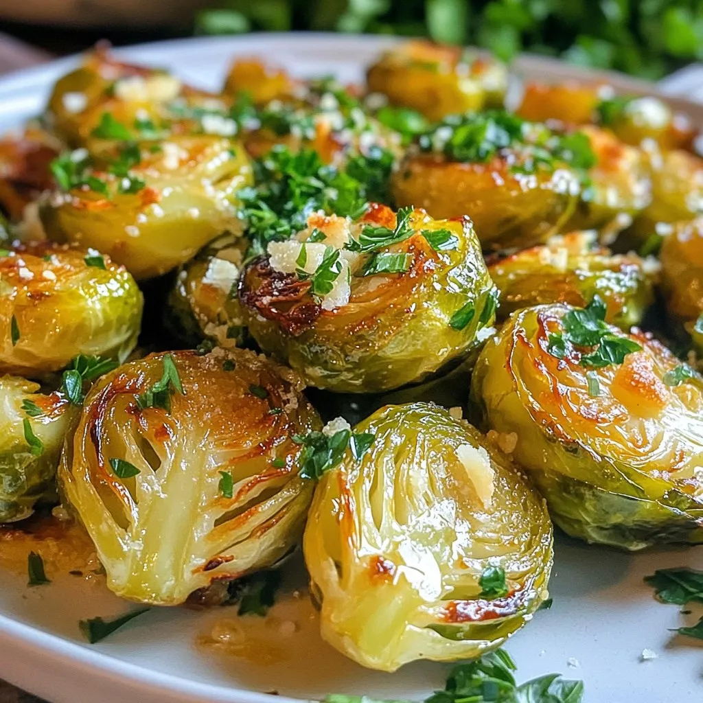 - 1 lb Brussels sprouts, trimmed and halved - 4 tablespoons olive oil - 4 cloves garlic, minced - 1/2 cup grated Parmesan cheese - Salt and freshly ground black pepper, to taste - 1 teaspoon red pepper flakes (optional) - 2 tablespoons balsamic vinegar (for drizzling) - Fresh parsley, chopped for garnish Gathering the right ingredients makes all the difference in your dish. Start with fresh Brussels sprouts. Trim them well and slice them in half. This helps them cook evenly. Next, grab your olive oil and minced garlic. They add rich flavor and a nice aroma. For the seasonings, you'll need grated Parmesan cheese. This cheese brings a salty, nutty taste that pairs well with Brussels sprouts. Don't forget salt and pepper to enhance the flavors. If you like some heat, toss in red pepper flakes. They are optional, but they add a nice kick. If you want to elevate your dish, consider balsamic vinegar. A drizzle before serving gives a sweet tang. Finally, chop some fresh parsley. It adds color and freshness to the plate. With these ingredients ready, you're on your way to making a delicious dish. {{ingredient_image_1}} - Preheat the oven to 400°F (200°C). - In a large bowl, mix the halved Brussels sprouts with olive oil, minced garlic, salt, black pepper, and red pepper flakes. Toss well until the sprouts are fully coated. - Spread the Brussels sprouts in a single layer on a baking sheet. - Roast them for about 25 to 30 minutes. Shake the pan halfway through cooking. This helps them cook evenly. They should turn golden brown and crispy. - When the Brussels sprouts are almost done, sprinkle the grated Parmesan cheese evenly on top. - Return them to the oven for an extra 5 to 7 minutes. This allows the cheese to melt and become slightly crispy. - If you like, drizzle balsamic vinegar over the sprouts before serving. - Garnish with fresh chopped parsley for a nice color contrast. Serve warm and enjoy! To get crispy, golden brown Brussels sprouts, follow these steps: - Use a hot oven: Preheat your oven to 400°F (200°C). This helps to caramelize the sprouts. - Single layer: Spread the Brussels sprouts on the baking sheet in a single layer. Crowding them will make them steam instead of roast. - Shake it up: Halfway through cooking, shake the pan. This ensures even cooking and browning. If you want a softer texture, you can lower the heat to 375°F (190°C) and roast them longer. This will help them cook through without burning. You can make your Brussels sprouts even more tasty by trying new flavors: - Seasoning swaps: Besides garlic and Parmesan, mix in smoked paprika or cayenne for a kick. - Fresh herbs: Adding lemon zest brightens the dish. Try thyme or rosemary for earthy notes. - Heat it up: If you like spice, sprinkle in red pepper flakes for extra warmth. Experimenting with flavors keeps this dish fresh and exciting! How you serve your Brussels sprouts can make them shine: - Plating tips: Use a large, white plate to contrast the green and golden colors. This makes the dish pop! - Garnishing: Chop fresh parsley and sprinkle it on top. This adds color and a fresh flavor. - Drizzle balsamic: A light drizzle of balsamic vinegar adds a glossy finish. It also gives a sweet and tangy contrast. These simple touches will impress anyone at your table! Pro Tips Choose Fresh Brussels Sprouts: Look for bright green, firm Brussels sprouts. Avoid any that are yellowing or have blemishes for the best flavor. Don't Skimp on Olive Oil: Generous amounts of olive oil help to achieve that crispy, caramelized exterior. Ensure each sprout is well coated before roasting. Experiment with Cheese: While Parmesan adds great flavor, feel free to mix in other cheeses like Pecorino Romano or a sharp cheddar for a unique twist. Serve Immediately: For the best taste and texture, serve the Brussels sprouts right after they come out of the oven. They’ll be at their crispiest! {{image_2}} You can switch up the cheese in this dish. Asiago gives a nice sharp taste. Gruyère melts well and adds a creamy texture. If you want a vegan option, try nutritional yeast. It has a cheesy flavor without dairy. Just sprinkle it on before roasting. If you want to save time, air frying works great. It cooks Brussels sprouts quickly while keeping them crispy. Just toss them in oil and seasonings, then set your air fryer to 375°F for about 15-20 minutes. Shake the basket halfway through for even cooking. Another method is steaming before roasting. This gives a softer texture inside while the outside gets crispy. Steam the sprouts for 5 minutes, then toss them with oil and seasonings. Spread them on a baking sheet and roast as usual. Mix in seasonal veggies for extra flavor. Carrots, sweet potatoes, or butternut squash can be great. They add color and taste. You can also throw in nuts like almonds or walnuts for crunch. Dried fruits like cranberries or raisins can add a sweet touch. These additions make the dish more fun and tasty. To store leftovers, let the Brussels sprouts cool first. Place them in an airtight container. You can keep them in the fridge for up to four days. This way, they stay fresh and tasty. To reheat, use the oven for best results. Preheat it to 350°F (175°C). Spread the sprouts on a baking sheet. Heat for about 10-15 minutes until they are warm and crispy again. You can also use a microwave, but the texture may change. Yes, you can freeze Brussels sprouts. First, roast them and let them cool. Then, place them in a freezer-safe bag. Press out as much air as you can. They will last for about three months. When ready to eat, thaw in the fridge overnight before reheating. Roast Brussels sprouts for 25 to 30 minutes at 400°F. This gives them a nice, crispy edge. Make sure to shake the pan halfway through. This helps them cook evenly. You know they are done when they turn golden brown. Yes, you can use frozen Brussels sprouts! Just thaw and drain them first. This helps remove excess moisture. Toss them with olive oil and seasonings like fresh ones. Keep in mind, they may not get as crispy. So, roast them a bit longer, about 30 to 35 minutes. These Brussels sprouts pair well with many dishes. Try them with grilled chicken or salmon for a tasty meal. They also go great with pasta or a grain salad. For a fun twist, serve them with a dipping sauce or a creamy dressing. Enjoy your meal! Roasting Brussels sprouts is easy and fun. You learned the key steps: prepping, tossing, and roasting to perfection. The right seasonings and toppings, like Parmesan and balsamic vinegar, add great flavor. You can also try different cheeses and cooking methods for variety. Store leftovers properly to enjoy them later. With these tips, you can create a tasty dish that impresses anyone. Get creative and have fun in the kitchen!